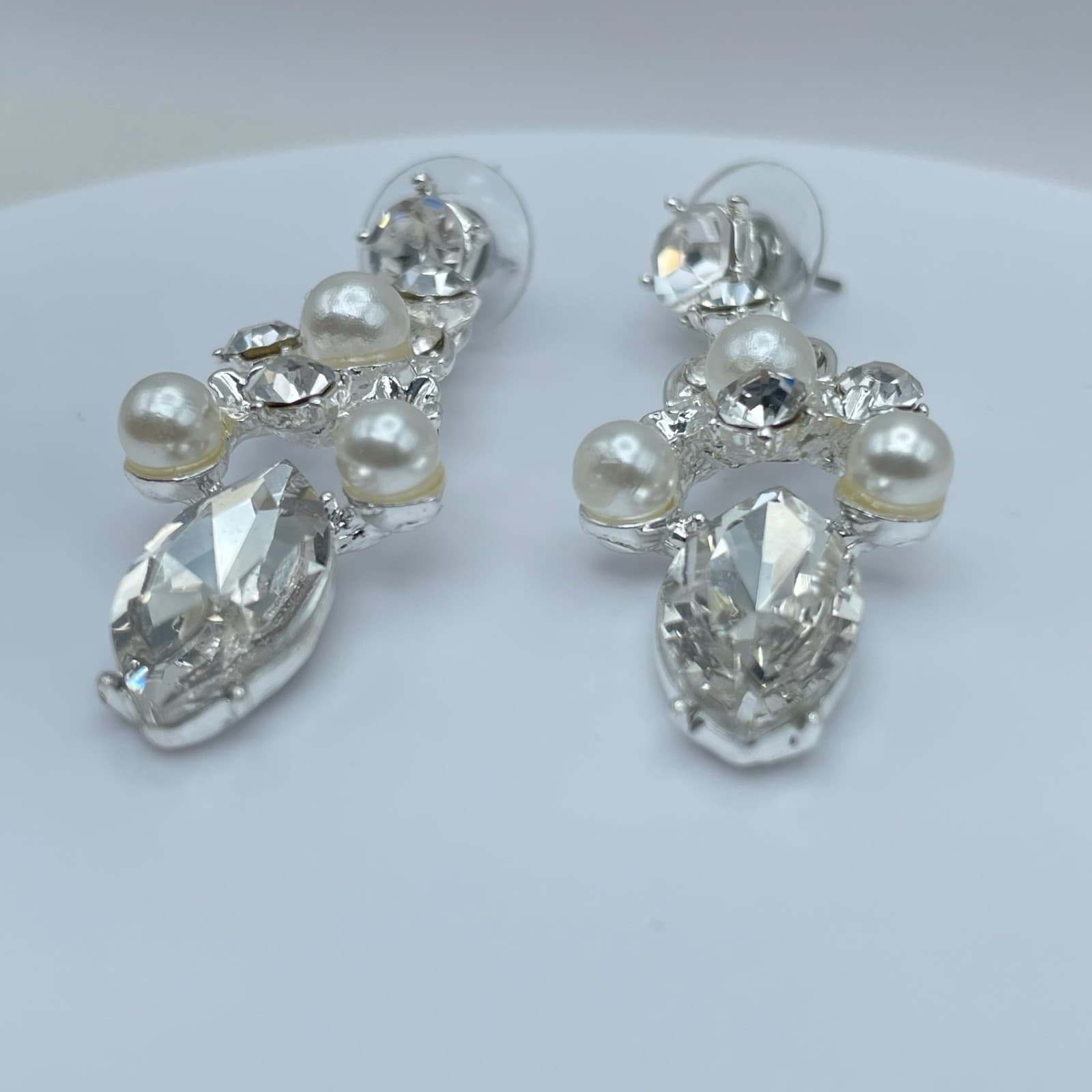 Vintage 90s Silver Tone Dangle Earrings Faux Pearl Rhinestone Women's Jewelry - Thumbnail 6