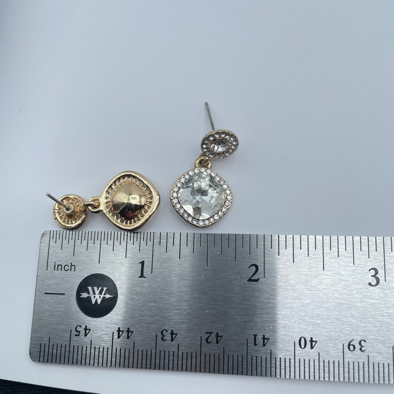 Vintage 90s Gold Tone Cushion Cut Halo Post Dangle Earrings Women's Jewelry - Thumbnail 9