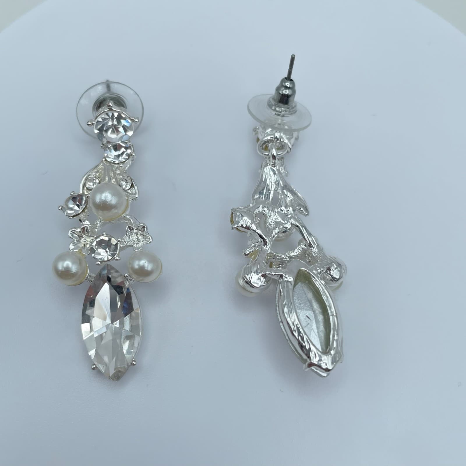 Vintage 90s Silver Tone Dangle Earrings Faux Pearl Rhinestone Women's Jewelry - Thumbnail 3