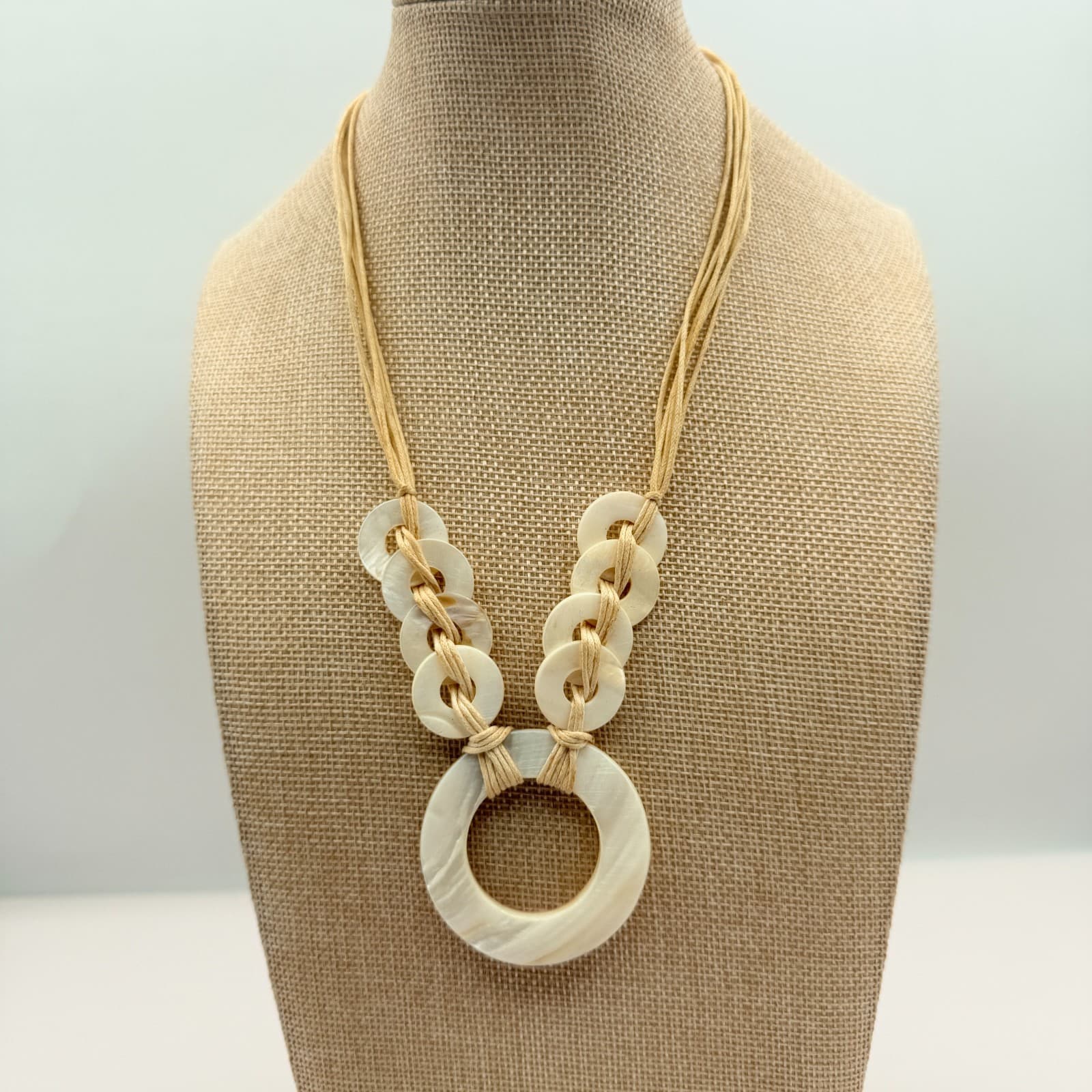 Vintage 90s Mother of Pearl Shell Pendant Necklace Cord Boho Fashion Jewelry - Thumbnail 5