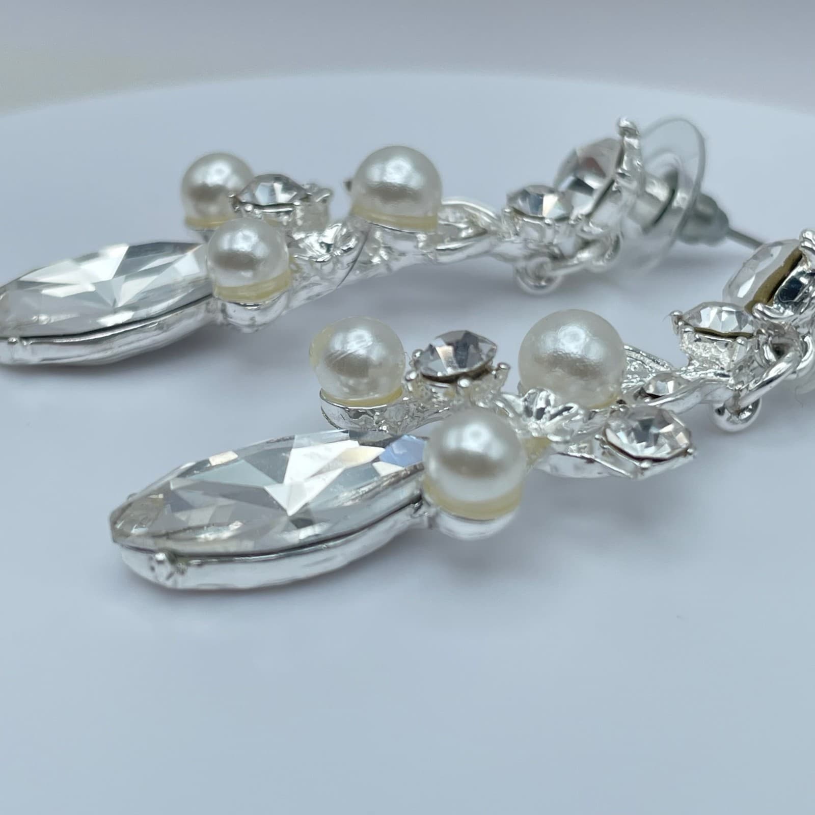 Vintage 90s Silver Tone Dangle Earrings Faux Pearl Rhinestone Women's Jewelry - Thumbnail 7