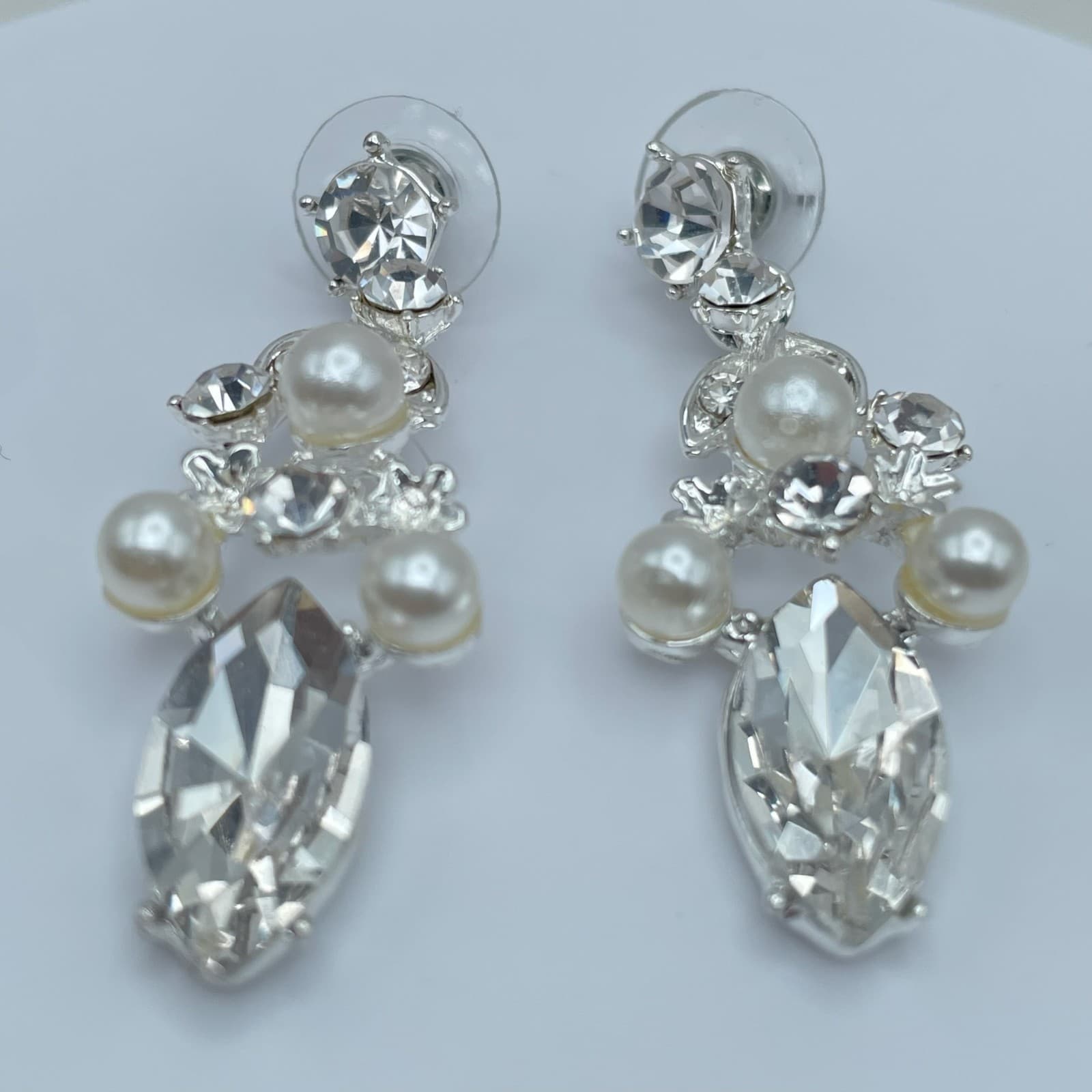 Vintage 90s Silver Tone Dangle Earrings Faux Pearl Rhinestone Women's Jewelry - Thumbnail 2