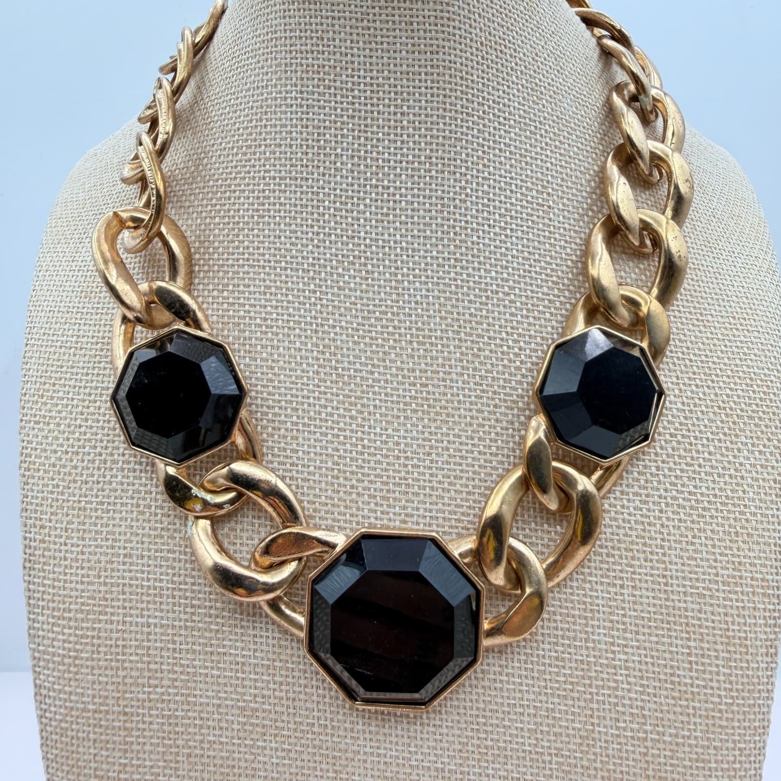 Vintage 90s Chunky Gold Tone Curb Chain Necklace Black Octagon Glass Statement - Thumbnail 2