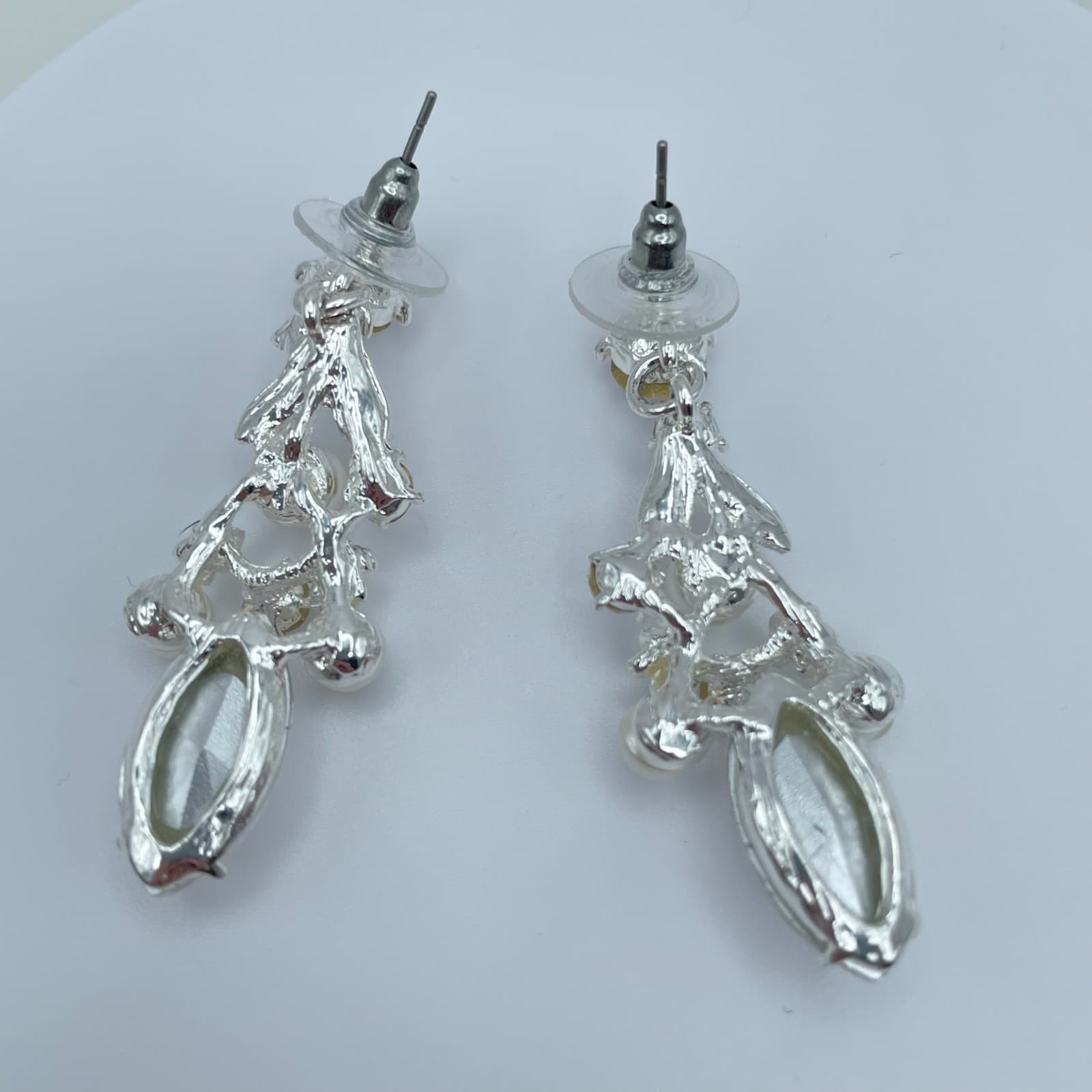 Vintage 90s Silver Tone Dangle Earrings Faux Pearl Rhinestone Women's Jewelry - Thumbnail 5