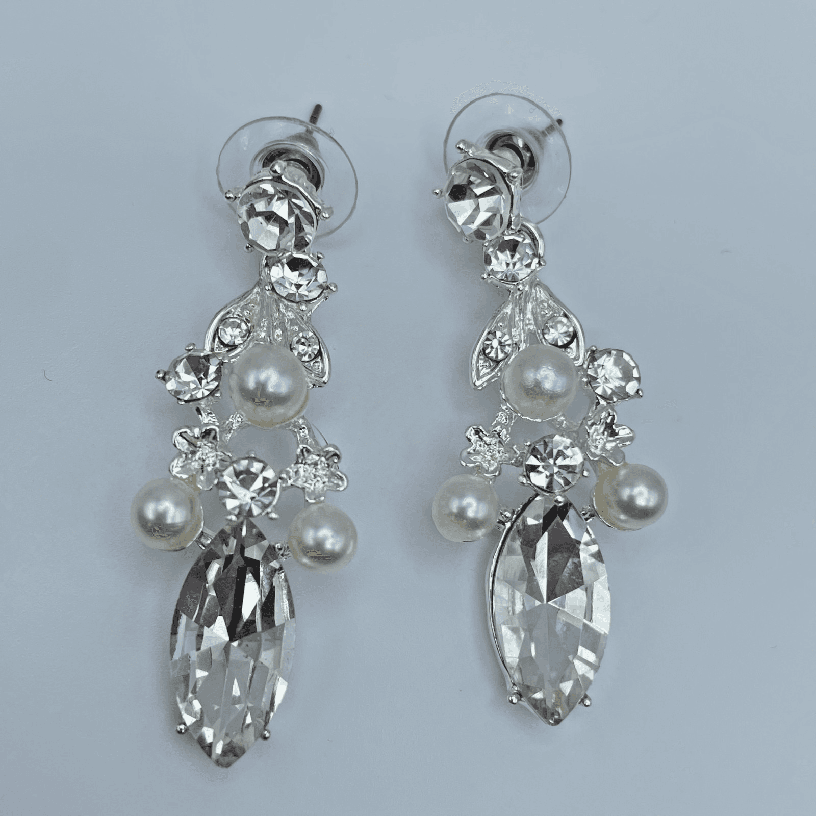 Vintage 90s Silver Tone Dangle Earrings Faux Pearl Rhinestone Women's Jewelry - Image 1