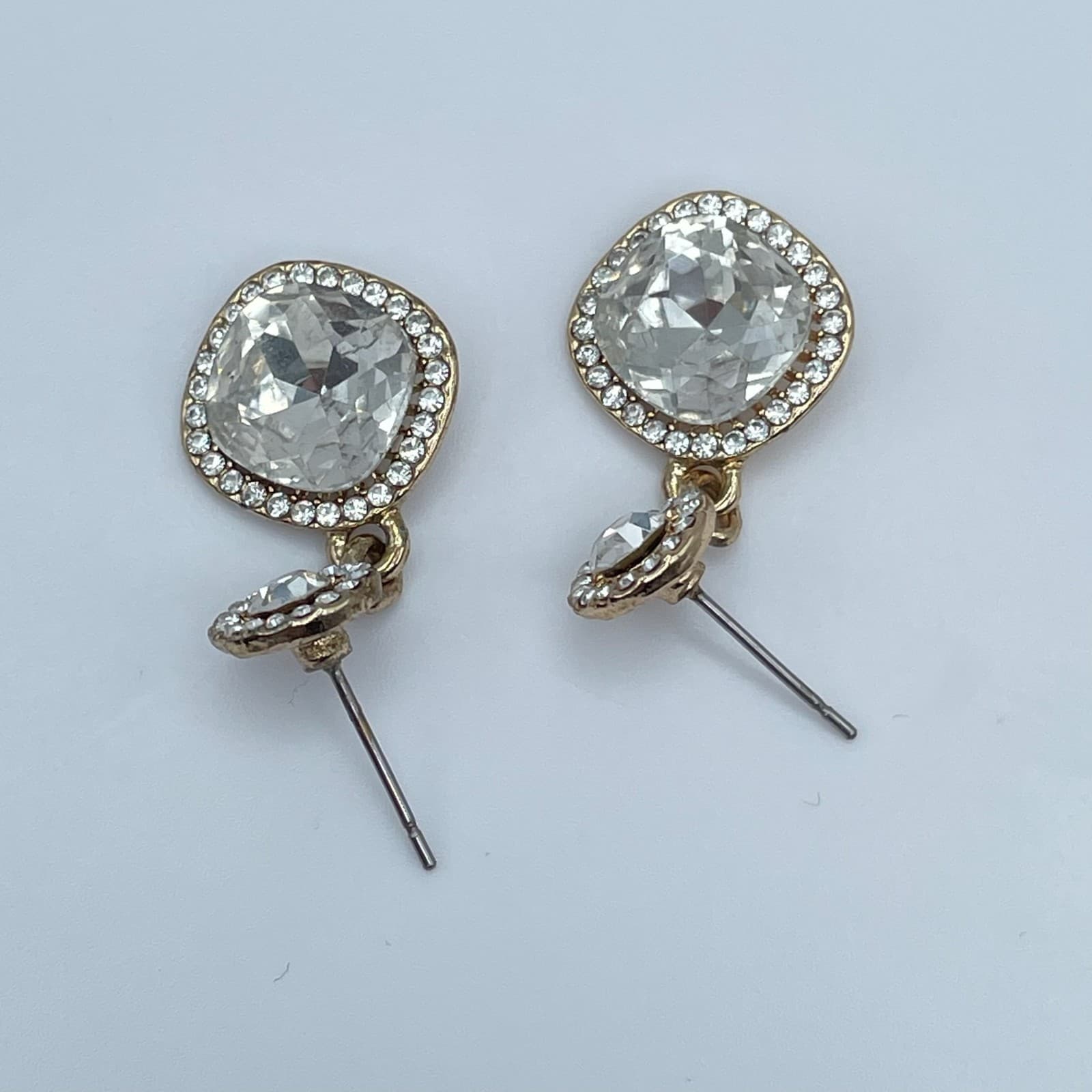 Vintage 90s Gold Tone Cushion Cut Halo Post Dangle Earrings Women's Jewelry - Thumbnail 8
