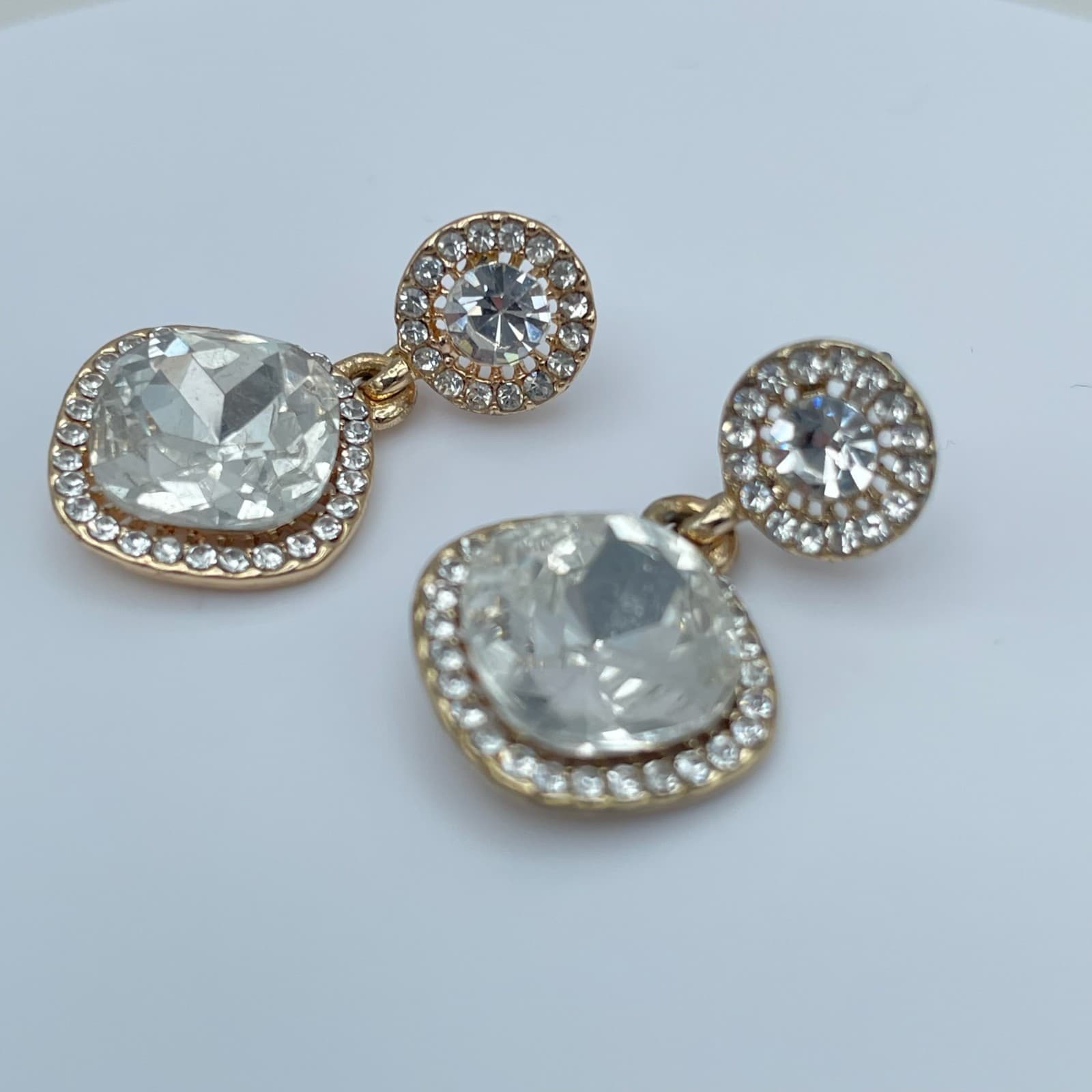 Vintage 90s Gold Tone Cushion Cut Halo Post Dangle Earrings Women's Jewelry - Thumbnail 4