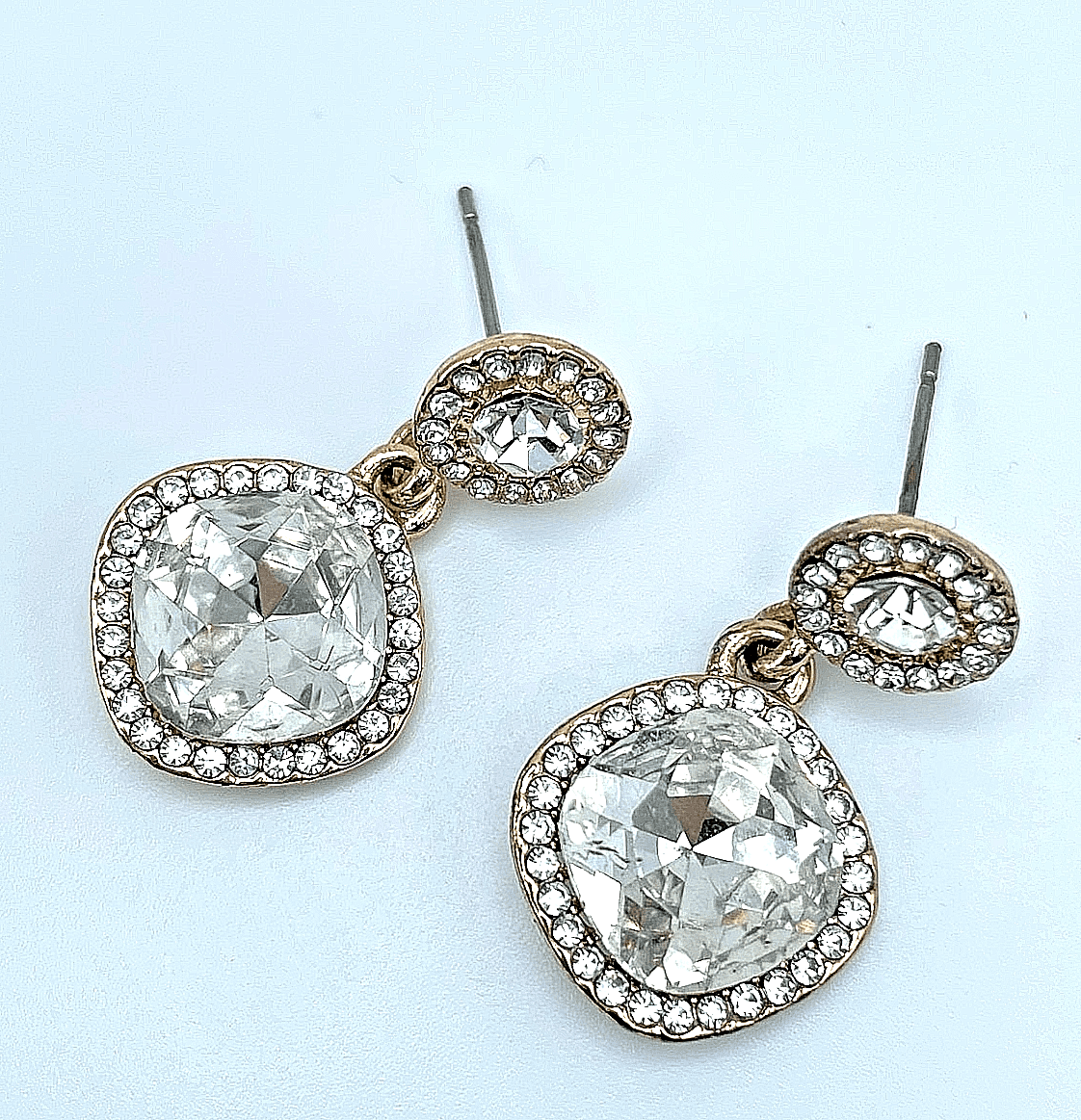 Vintage 90s Gold Tone Cushion Cut Halo Post Dangle Earrings Women's Jewelry - Image 1