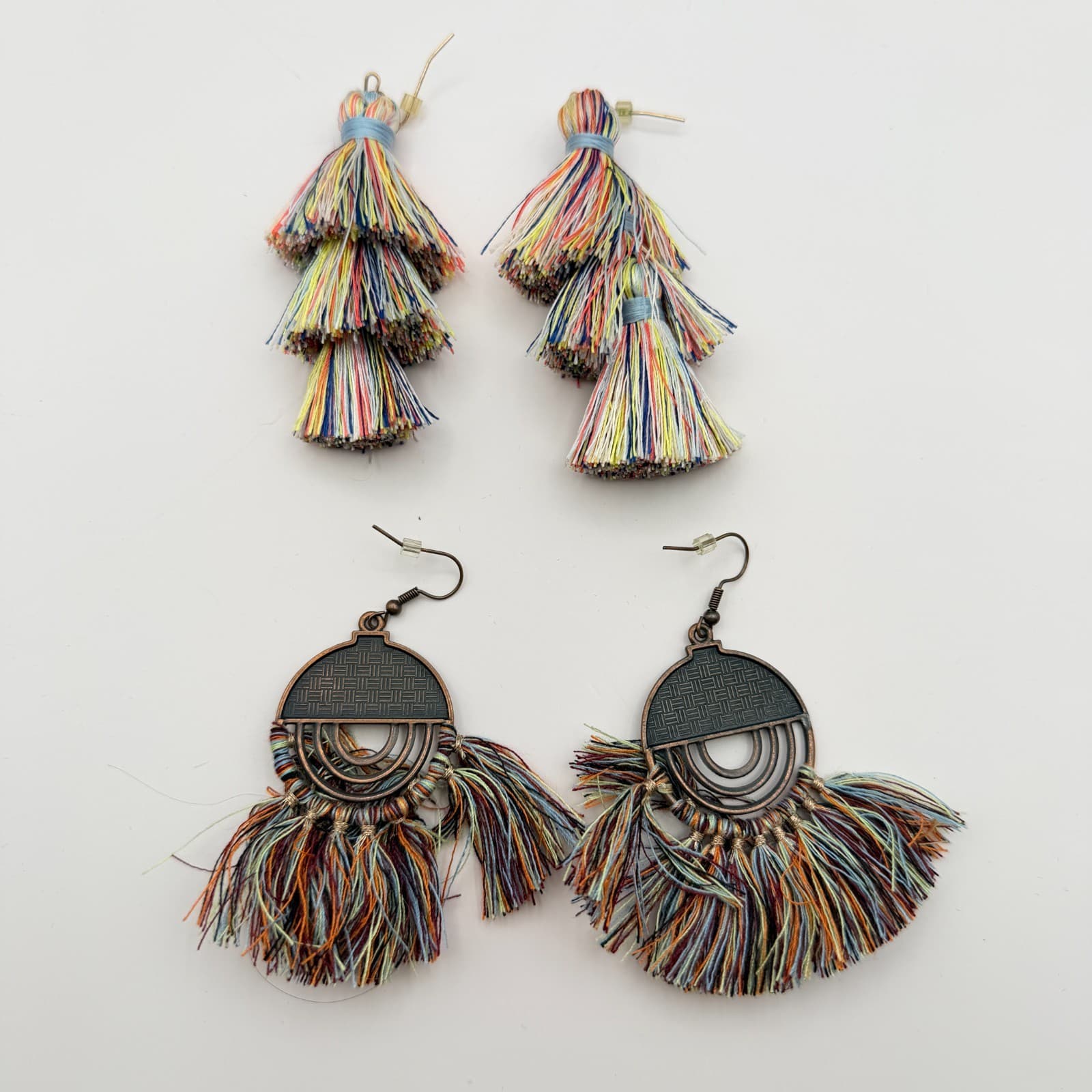 Vintage 90s Boho Statement Tassel Dangle Earrings Set Women's Classic Jewelry - Thumbnail 2