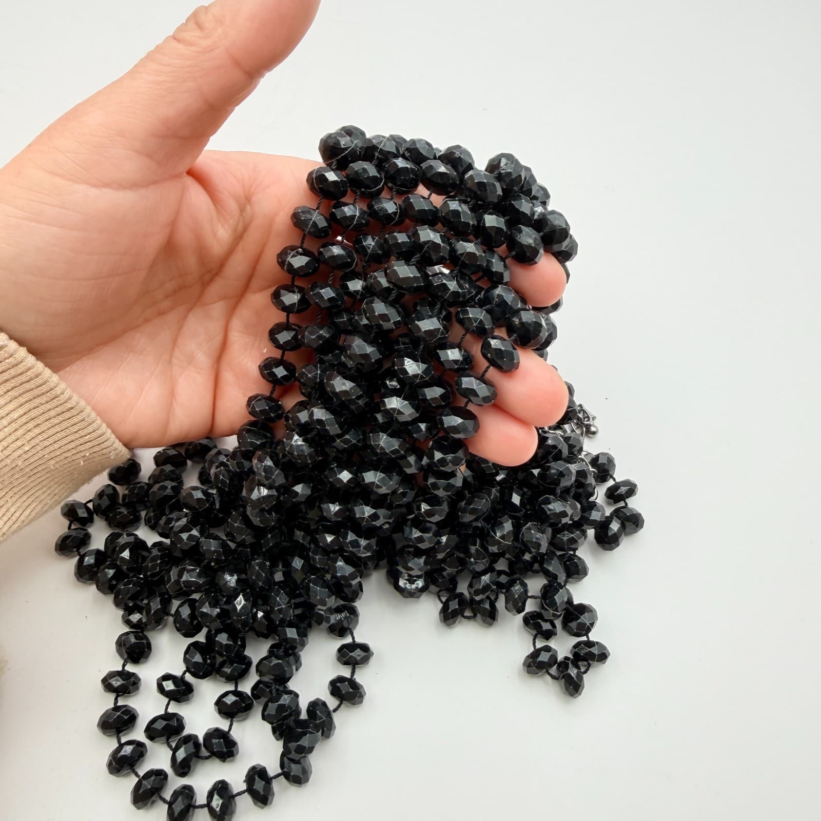 Vintage 90s Multi Strand Black Beaded Necklace Statement Retro Classic Jewelry - Thumbnail 8