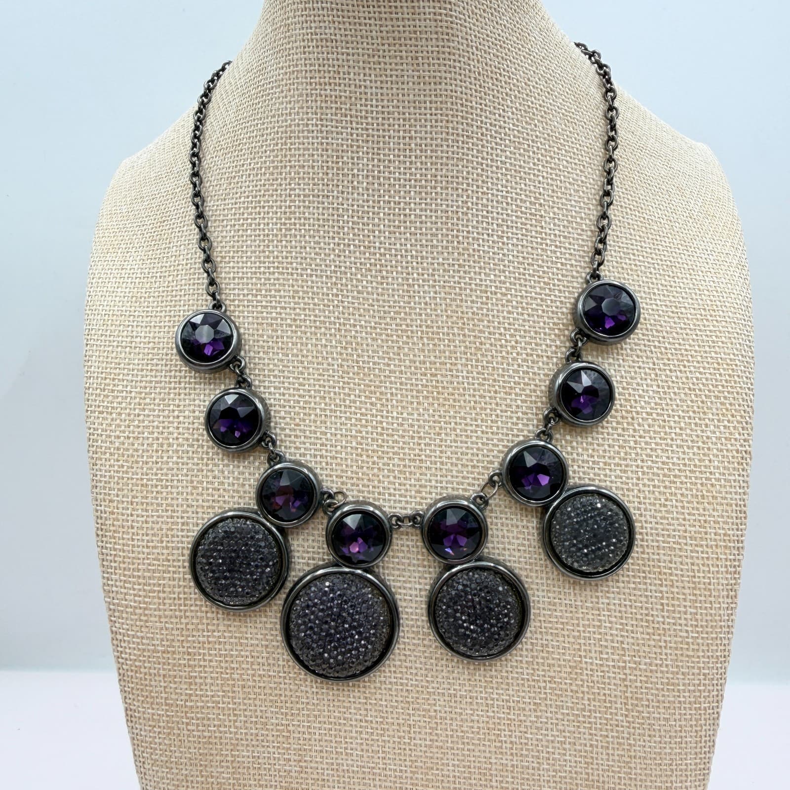 Vintage Y2K Gunmetal Tone Bib Necklace Statement Boho Women's Classic Jewelry - Thumbnail 3
