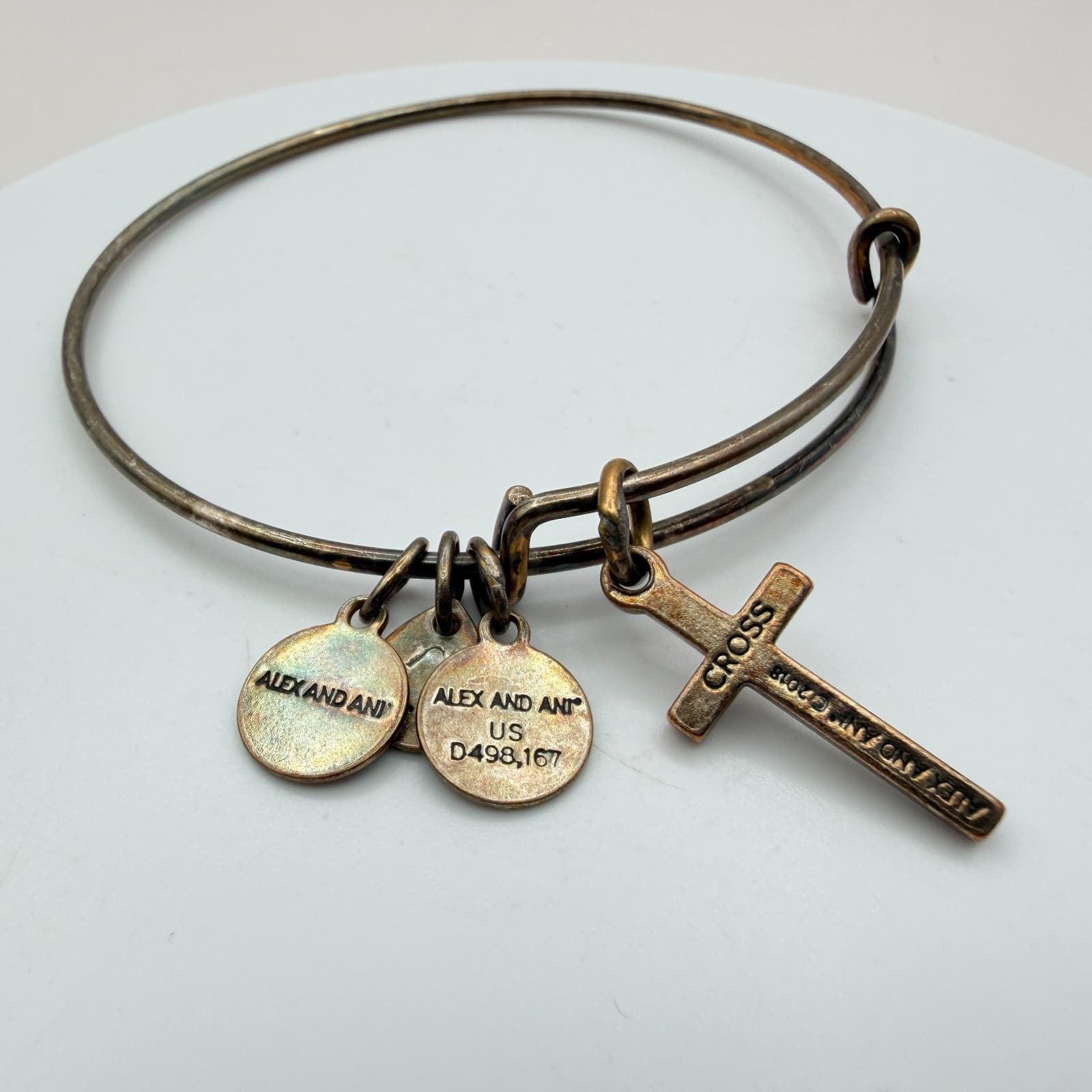 Vintage 90s Alex and Ani Cross Bangle Bracelet Bronze Tone Expandable Religious - Image 1