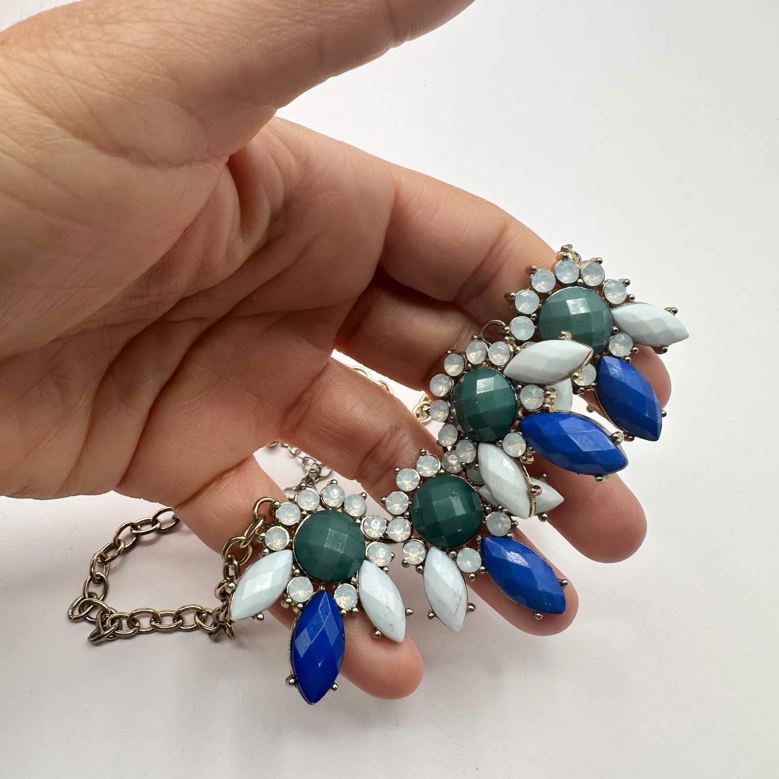 Vintage 80s Blue Green Statement Bib Necklace Gold Tone Faceted Floral Jewelry - Thumbnail 8