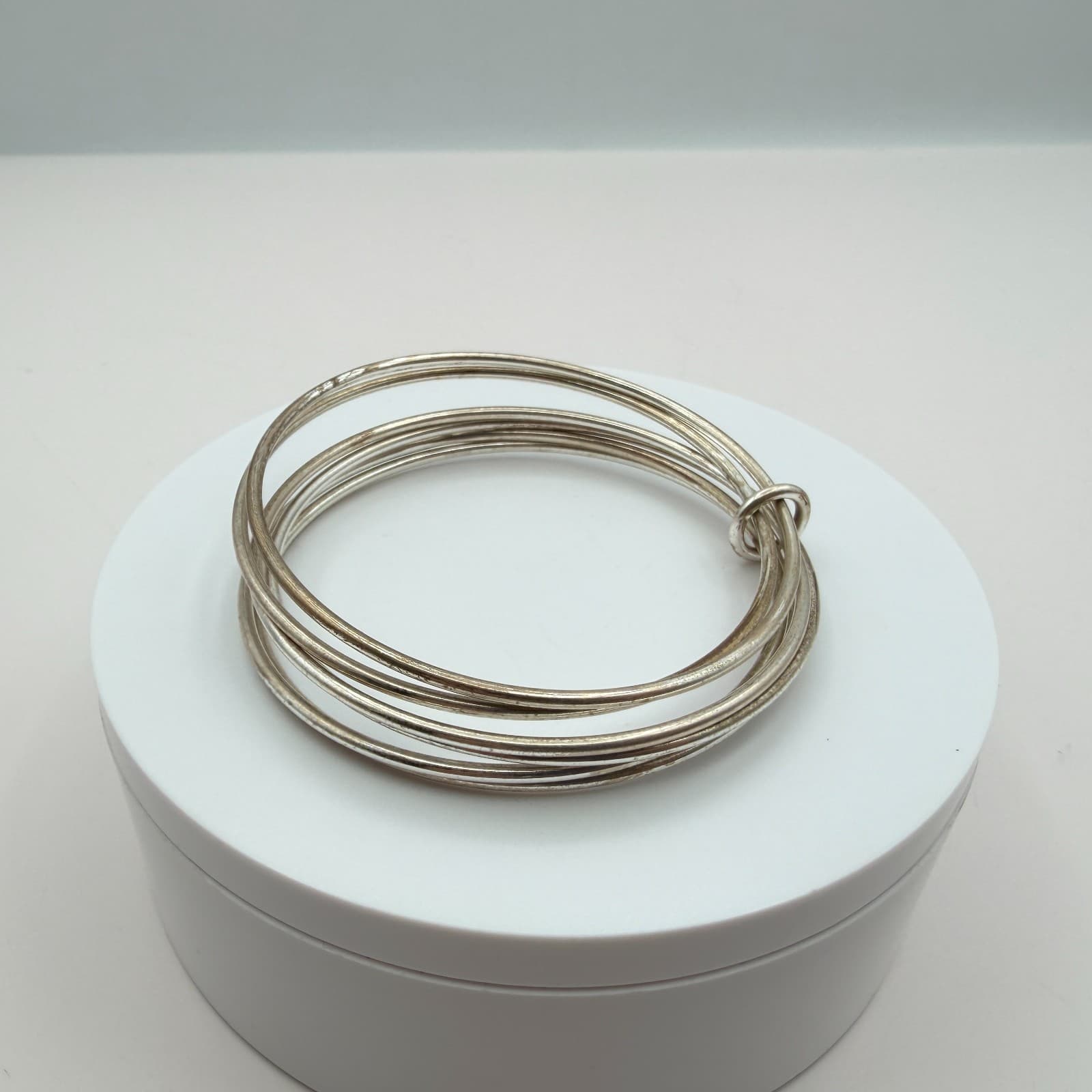 Vintage 80s Silver Tone Multi Strand Bangle Bracelet Tarnished Finish Jewelry - Thumbnail 2