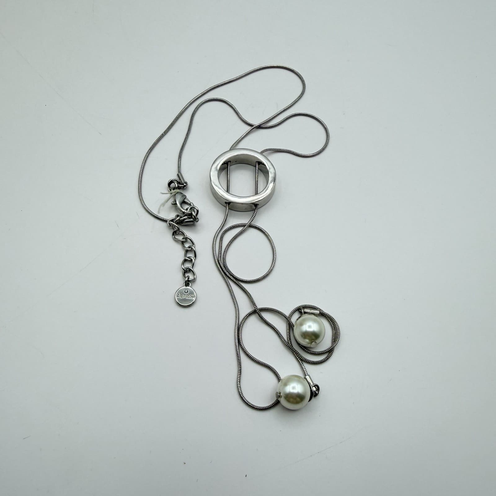 Vintage Y2K Alfani Silver Tone Faux Pearl Circle Lariat Necklace Women's Jewelry - Thumbnail 8