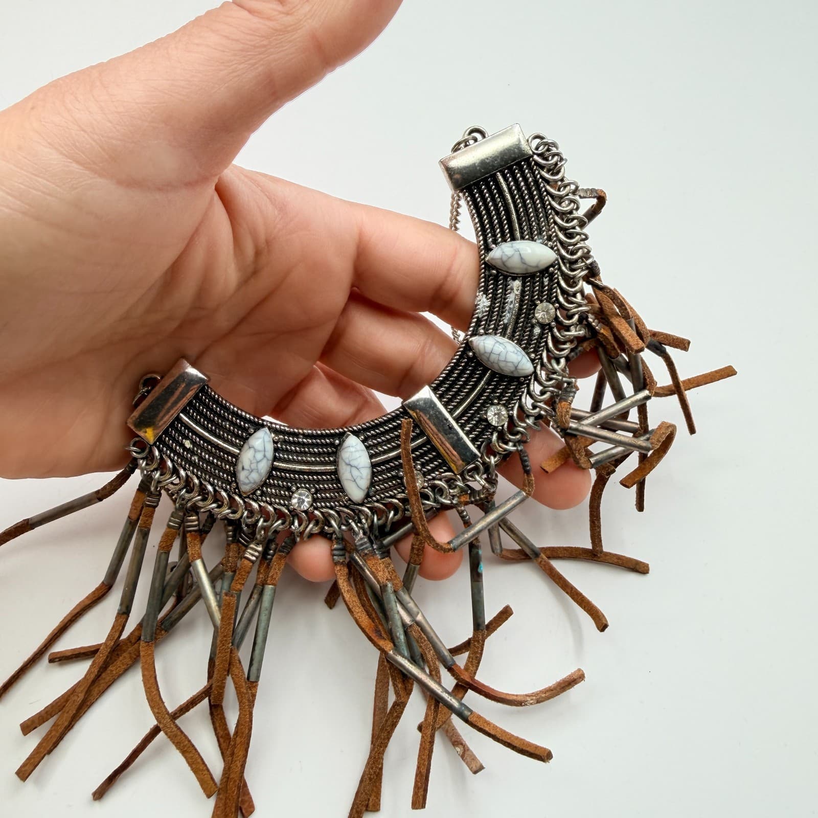 Vintage Y2K Howlite Tassel Bib Necklace Statement Boho Women's Classic Jewelry - Thumbnail 8