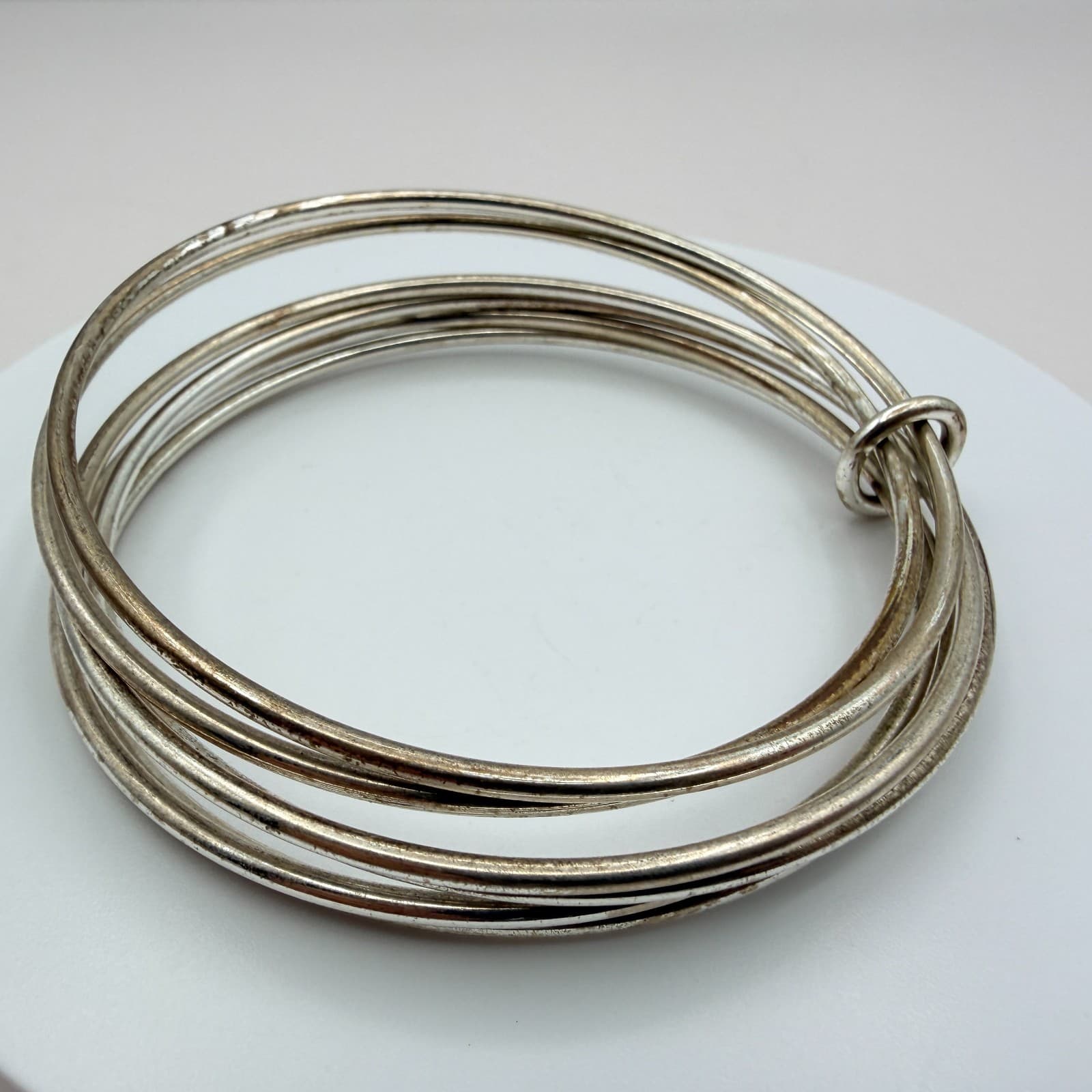 Vintage 80s Silver Tone Multi Strand Bangle Bracelet Tarnished Finish Jewelry - Thumbnail 6