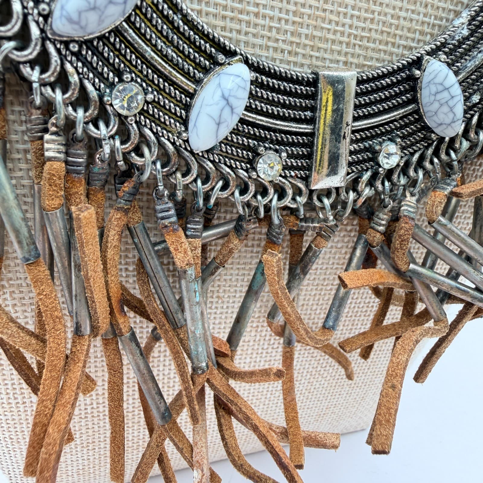 Vintage Y2K Howlite Tassel Bib Necklace Statement Boho Women's Classic Jewelry - Thumbnail 5