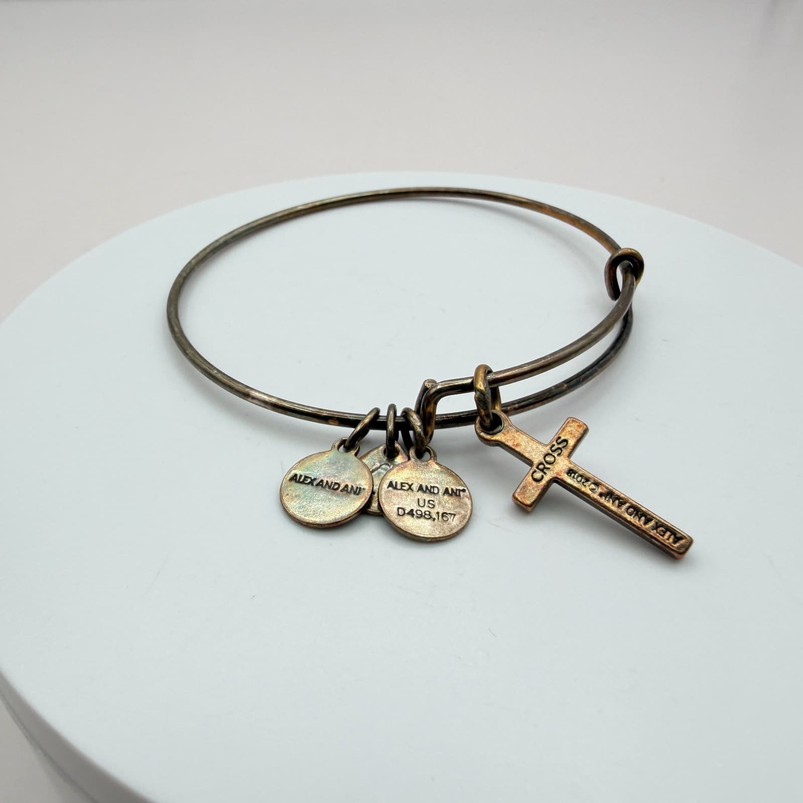 Vintage 90s Alex and Ani Cross Bangle Bracelet Bronze Tone Expandable Religious - Thumbnail 5