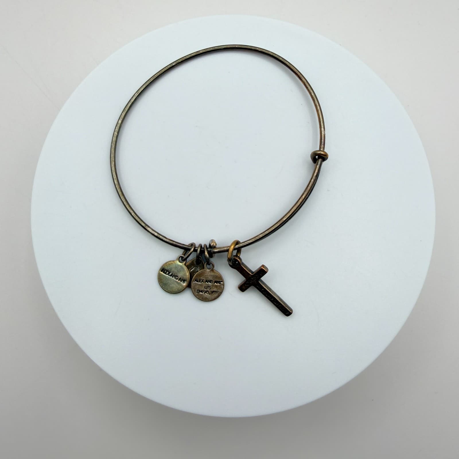 Vintage 90s Alex and Ani Cross Bangle Bracelet Bronze Tone Expandable Religious - Thumbnail 3