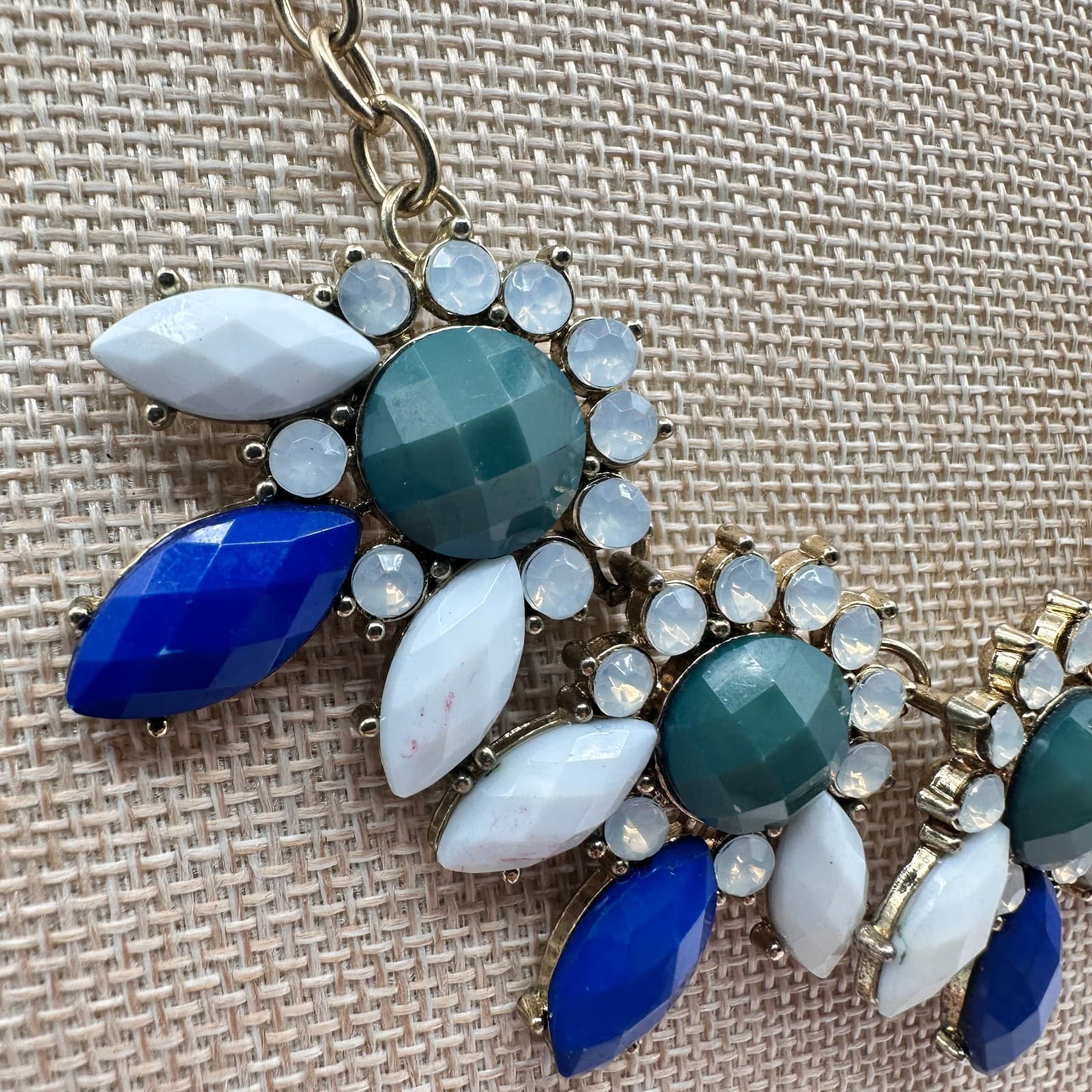 Vintage 80s Blue Green Statement Bib Necklace Gold Tone Faceted Floral Jewelry - Thumbnail 3