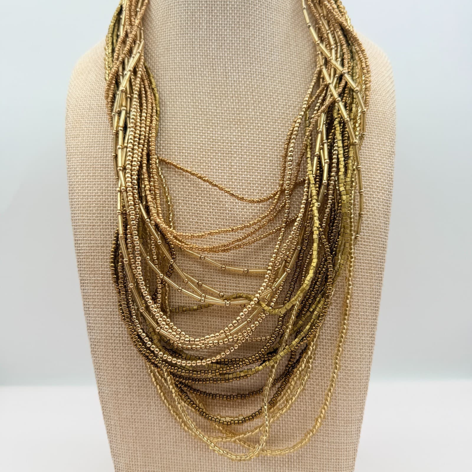 Vintage Y2K Gold Tone Multi Strand Seed Beaded Necklace Women's Classic Jewelry - Thumbnail 7