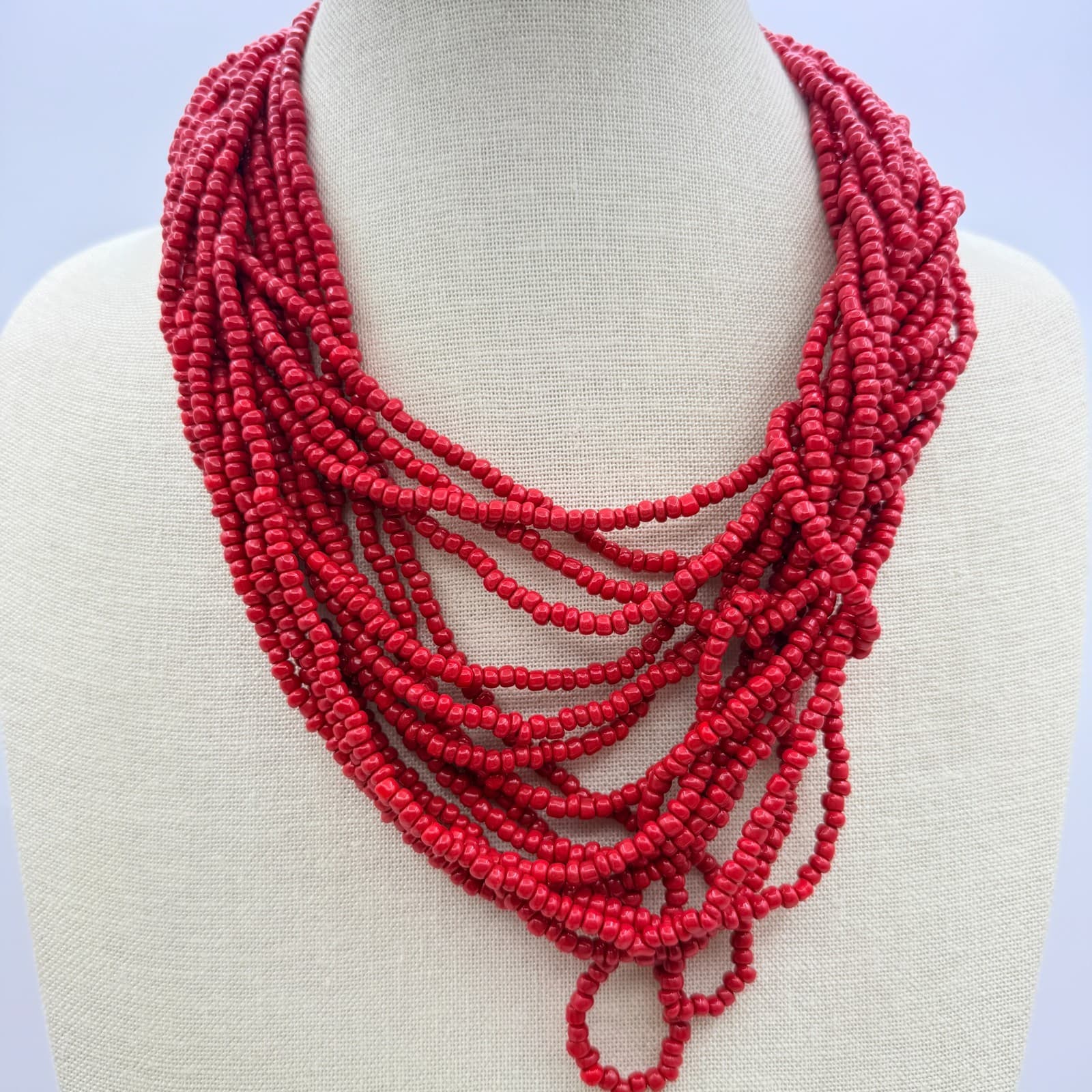 Vintage Y2K Multi Strand Red Seed Beaded Necklace Boho Women's Classic Jewelry - Thumbnail 2