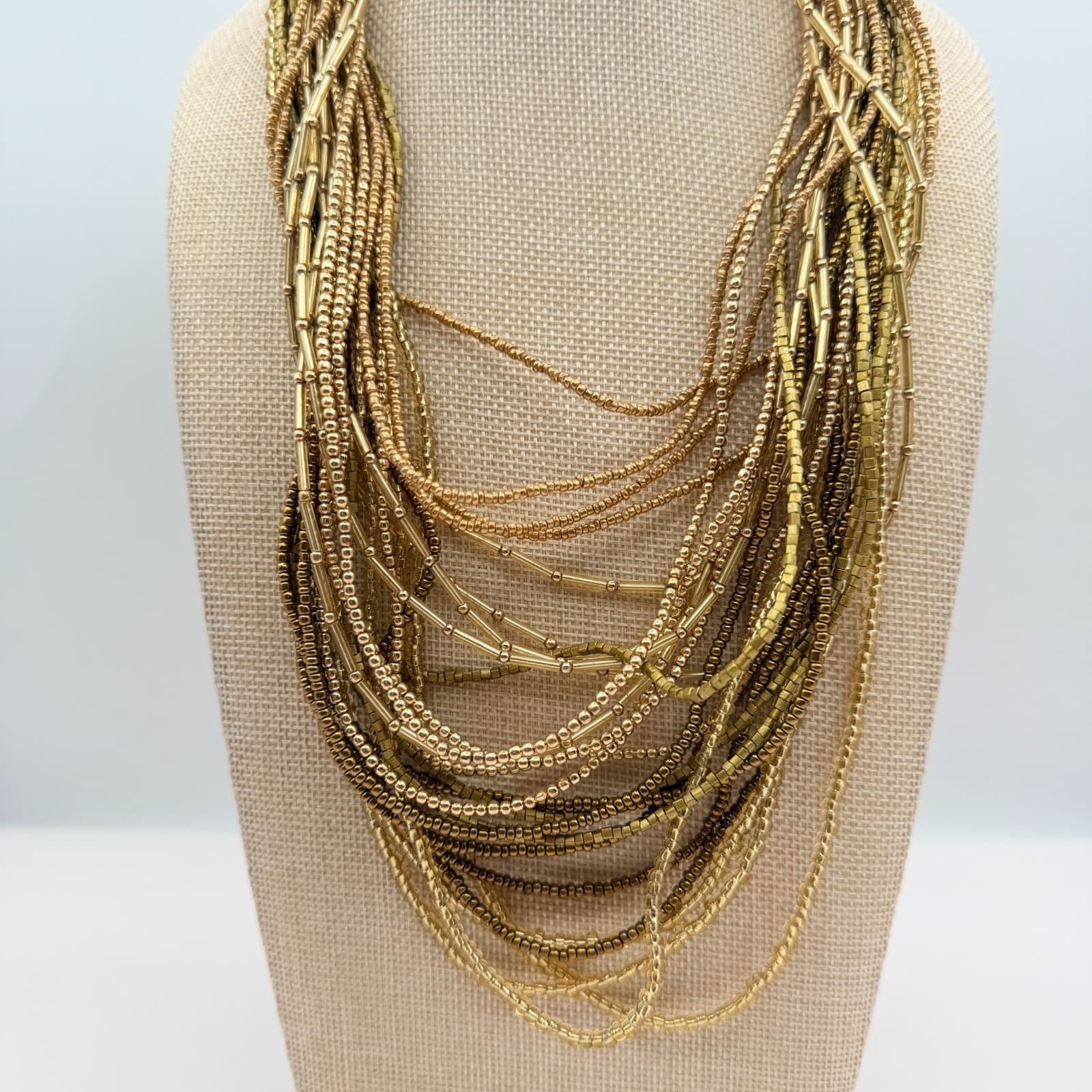 Vintage Y2K Gold Tone Multi Strand Seed Beaded Necklace Women's Classic Jewelry - Thumbnail 2