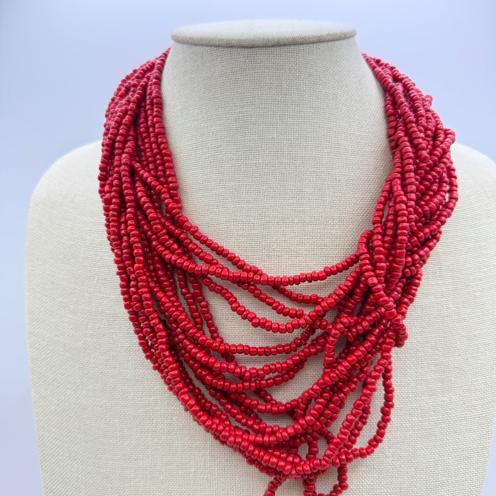 Vintage Y2K Multi Strand Red Seed Beaded Necklace Boho Women's Classic Jewelry - Thumbnail 7
