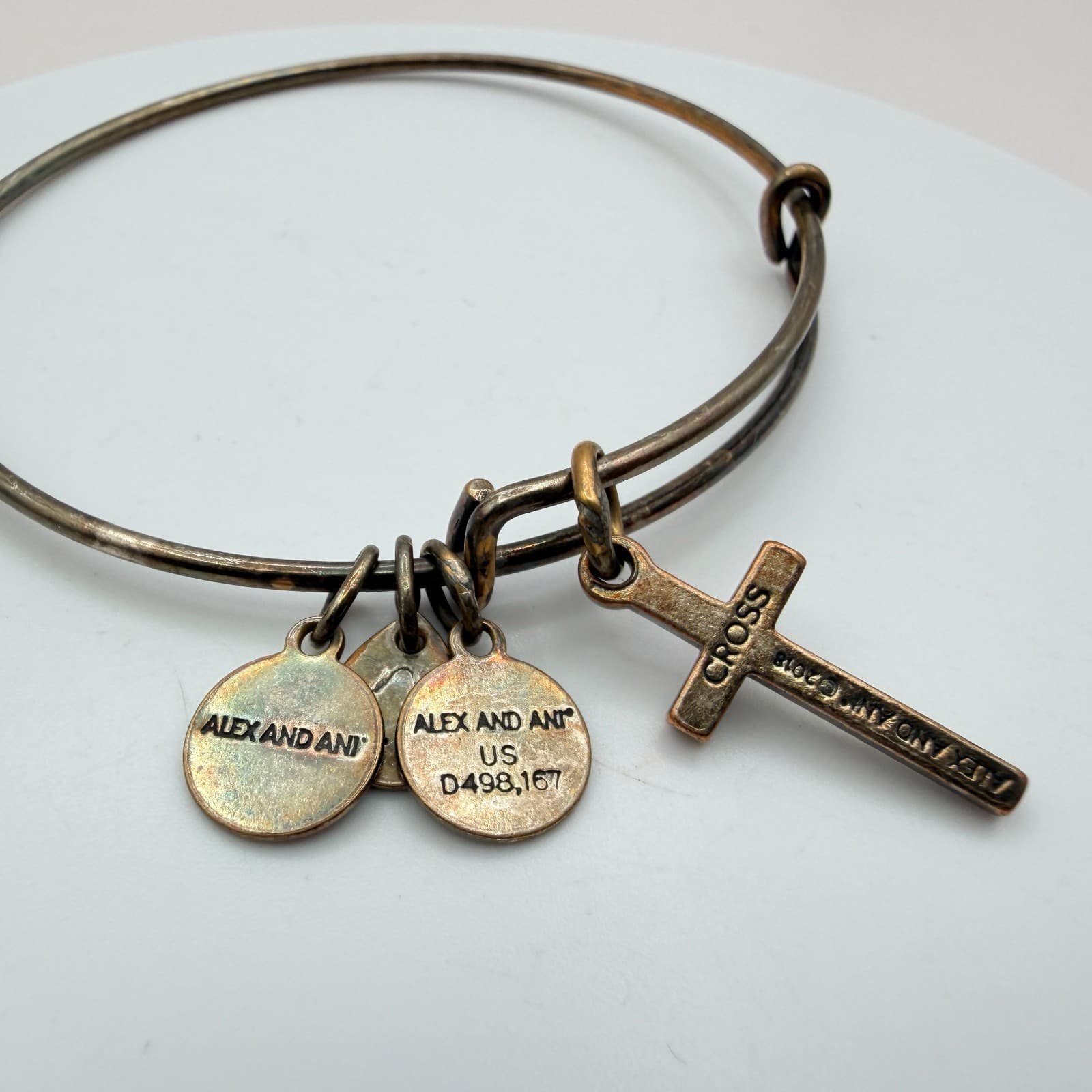 Vintage 90s Alex and Ani Cross Bangle Bracelet Bronze Tone Expandable Religious - Thumbnail 2