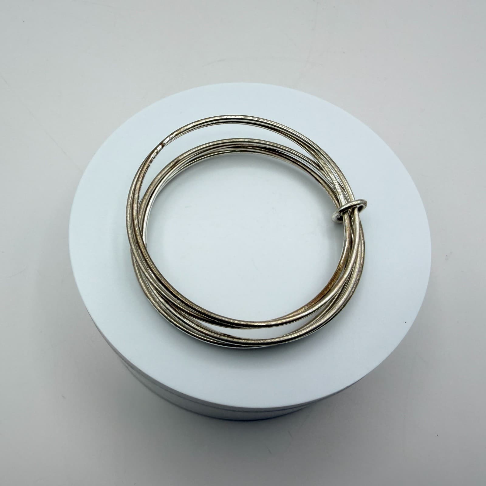 Vintage 80s Silver Tone Multi Strand Bangle Bracelet Tarnished Finish Jewelry - Thumbnail 5