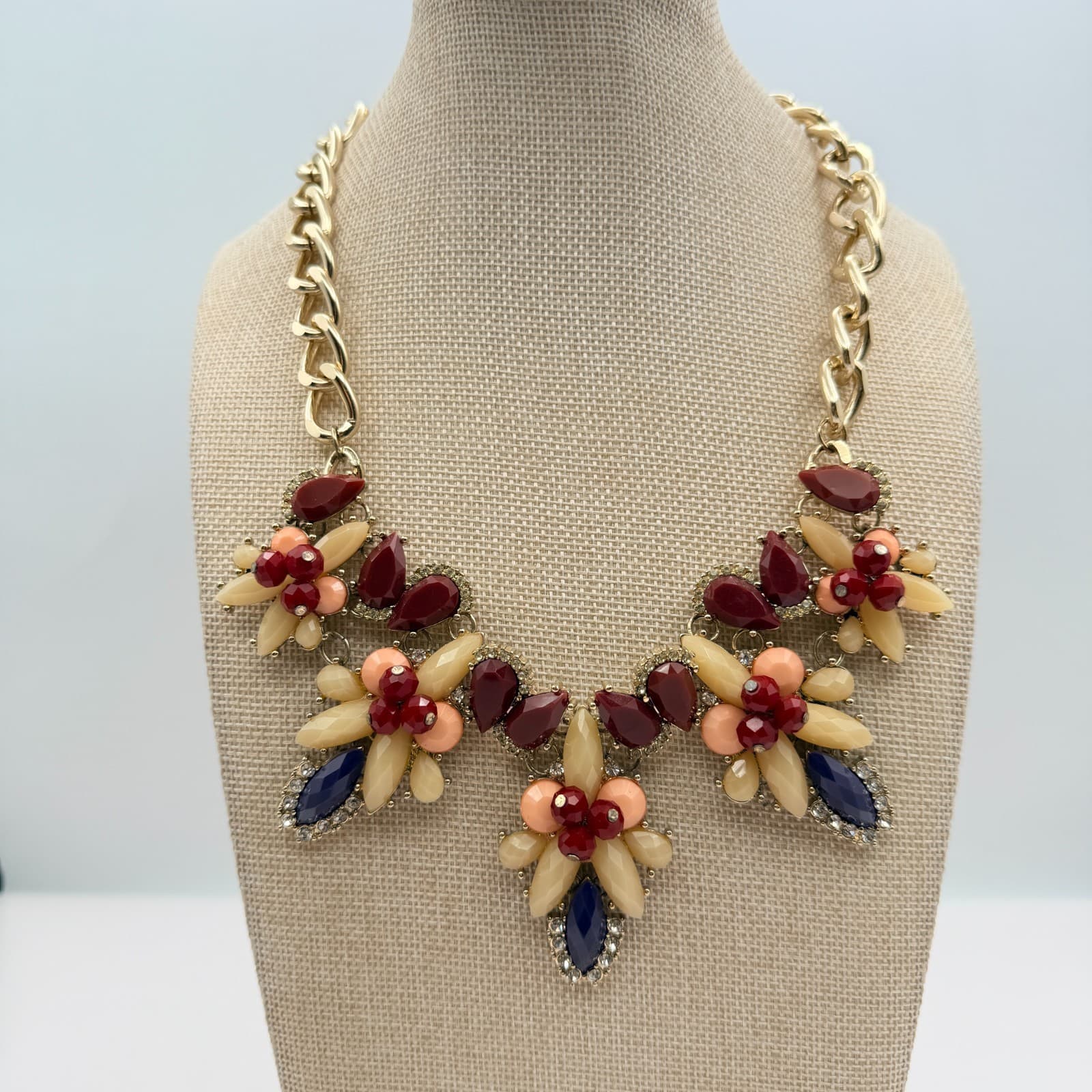 Vintage 90s Gold Tone Floral Bib Necklace Statement Women's Classic Jewelry - Image 1