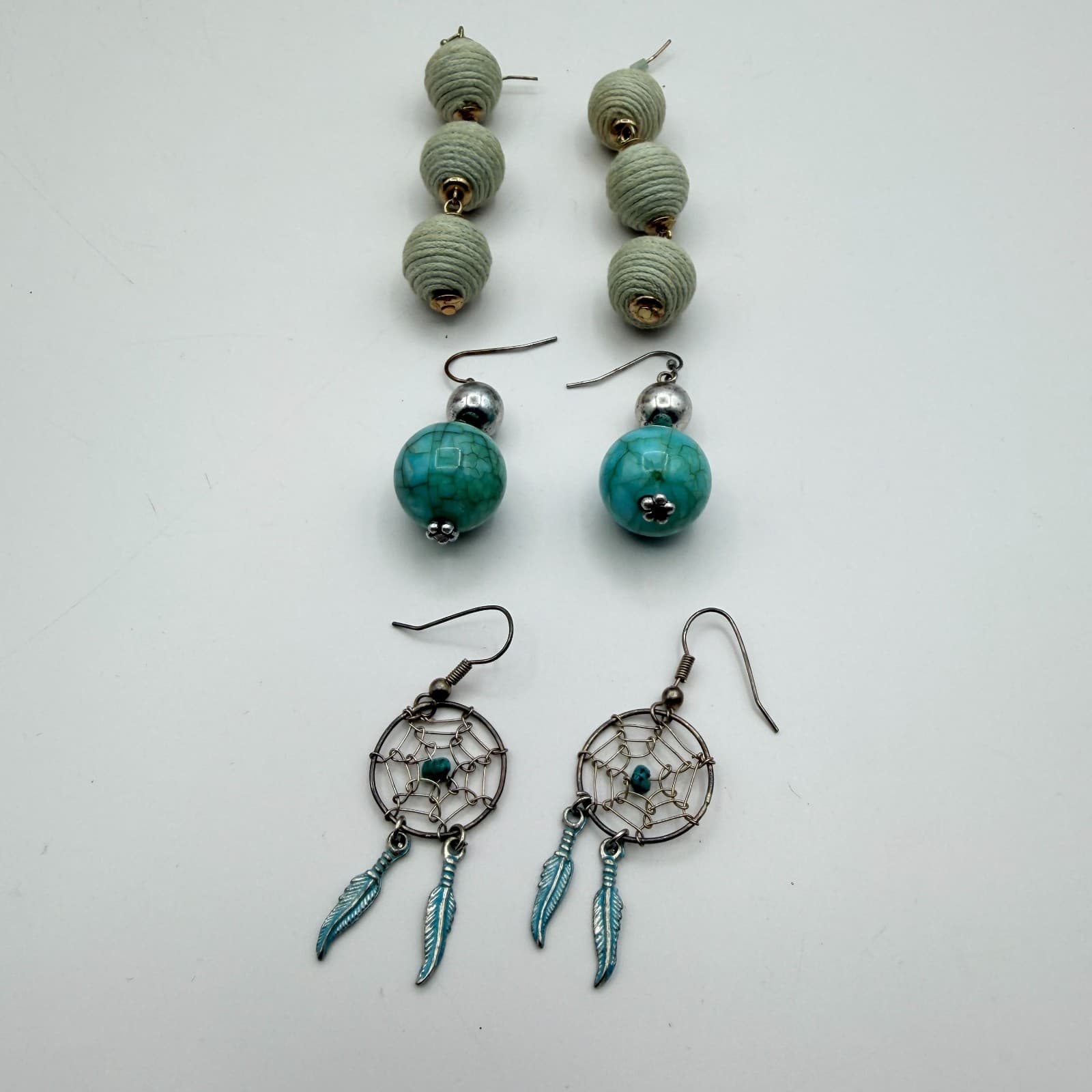 Vintage Y2K Blue Glass Beaded Dreamcatcher Feather Earrings Set 3 Pair Jewelry - Thumbnail 2