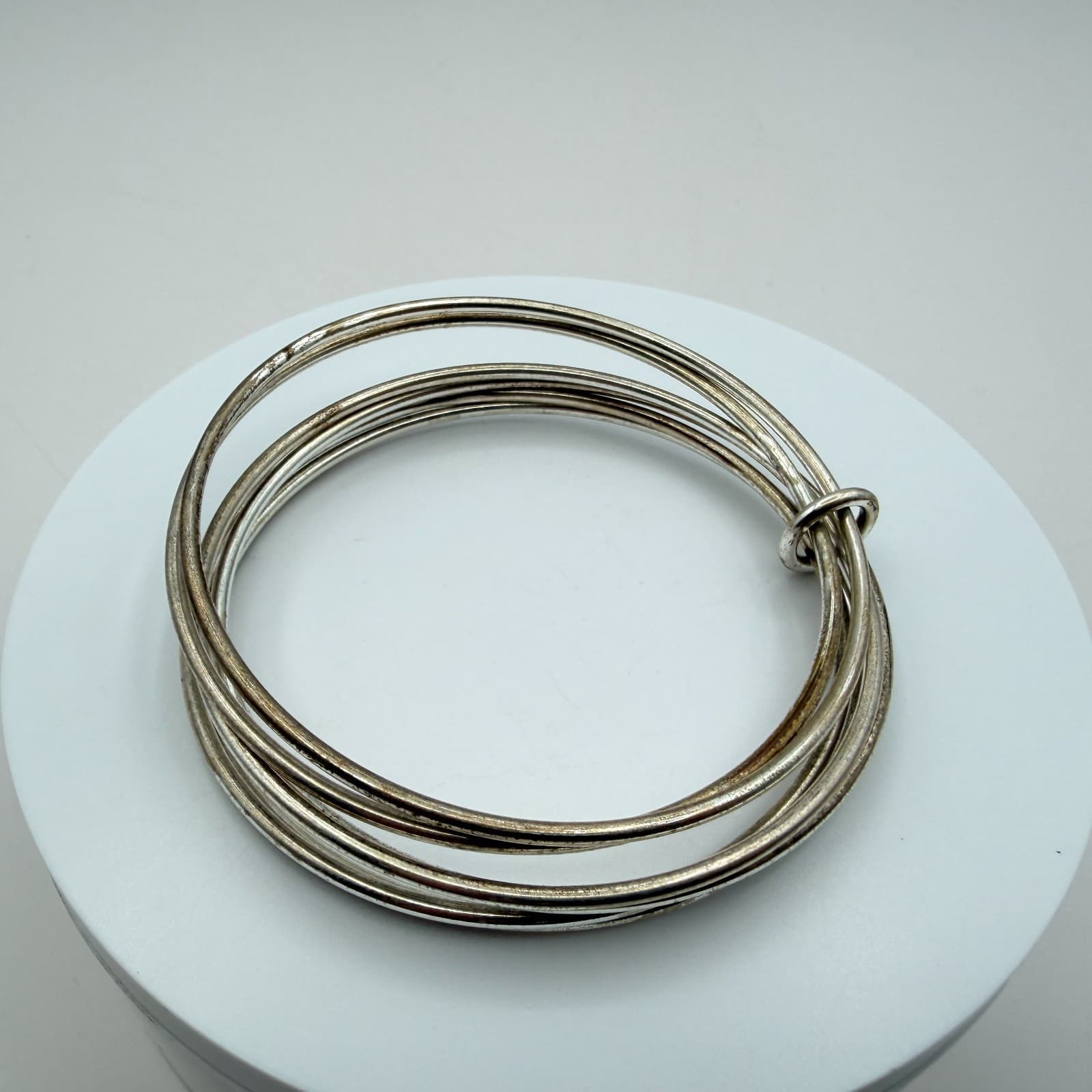 Vintage 80s Silver Tone Multi Strand Bangle Bracelet Tarnished Finish Jewelry - Thumbnail 7