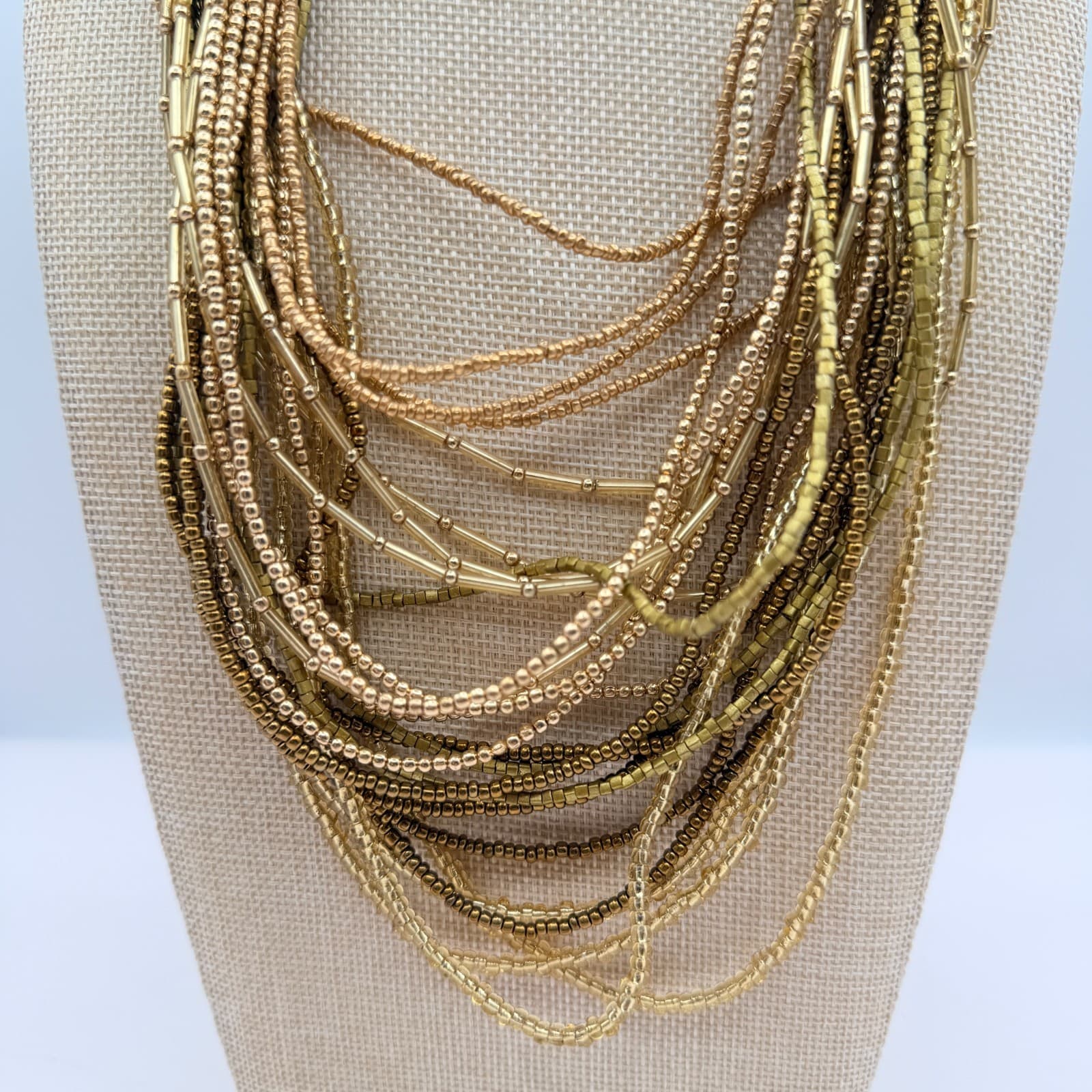 Vintage Y2K Gold Tone Multi Strand Seed Beaded Necklace Women's Classic Jewelry - Thumbnail 3