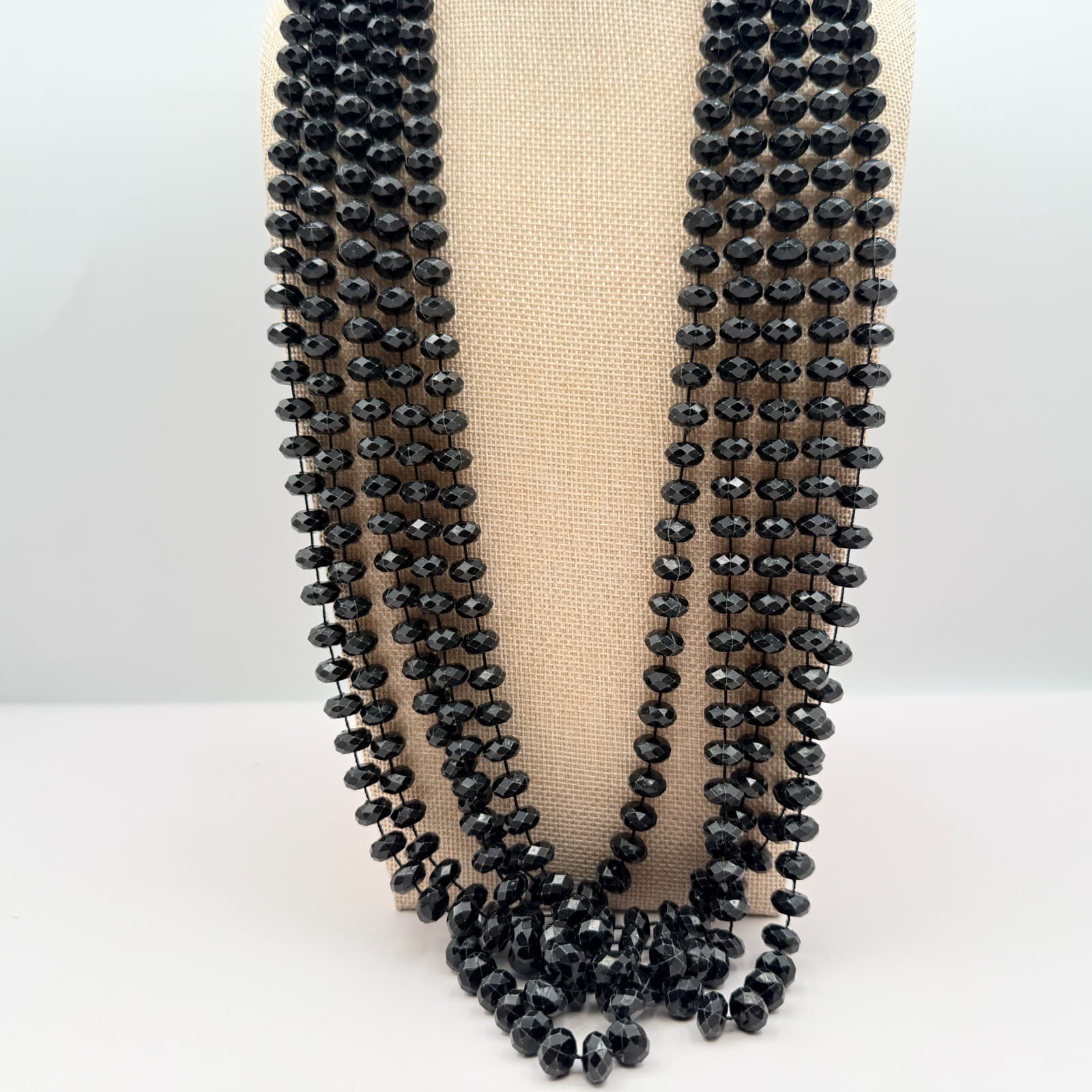 Vintage 90s Multi Strand Black Beaded Necklace Statement Retro Classic Jewelry - Thumbnail 4