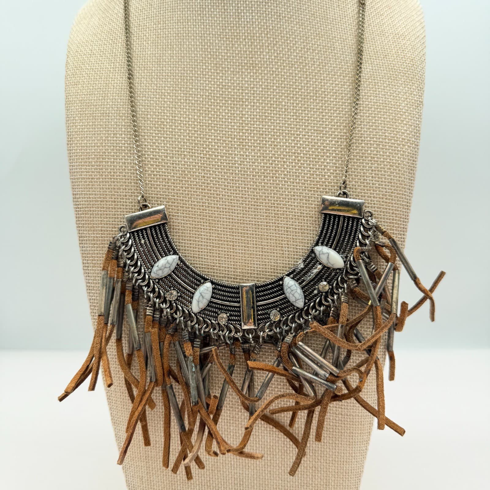 Vintage Y2K Howlite Tassel Bib Necklace Statement Boho Women's Classic Jewelry - Thumbnail 6