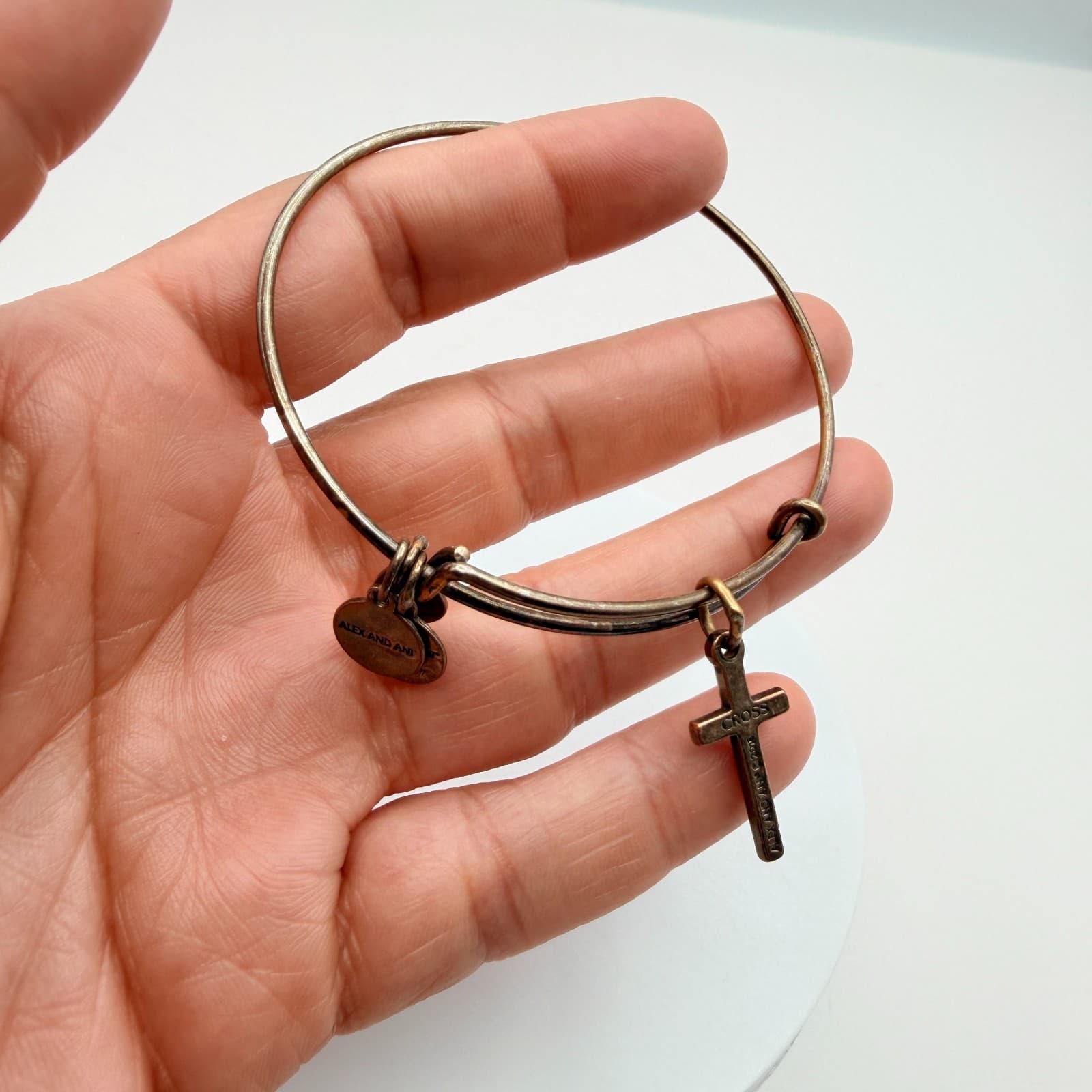 Vintage 90s Alex and Ani Cross Bangle Bracelet Bronze Tone Expandable Religious - Thumbnail 6