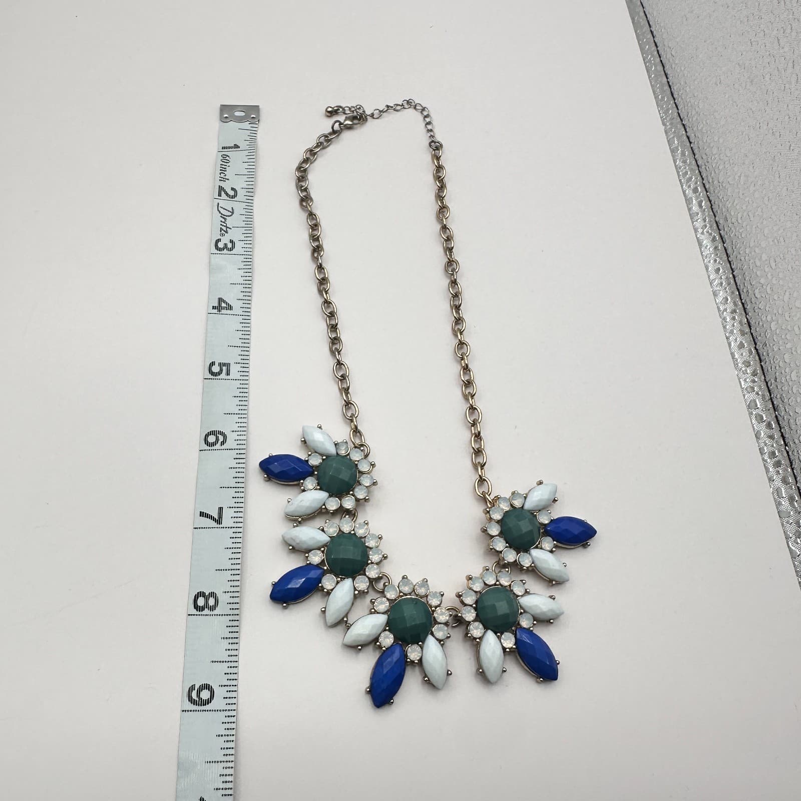 Vintage 80s Blue Green Statement Bib Necklace Gold Tone Faceted Floral Jewelry - Thumbnail 9
