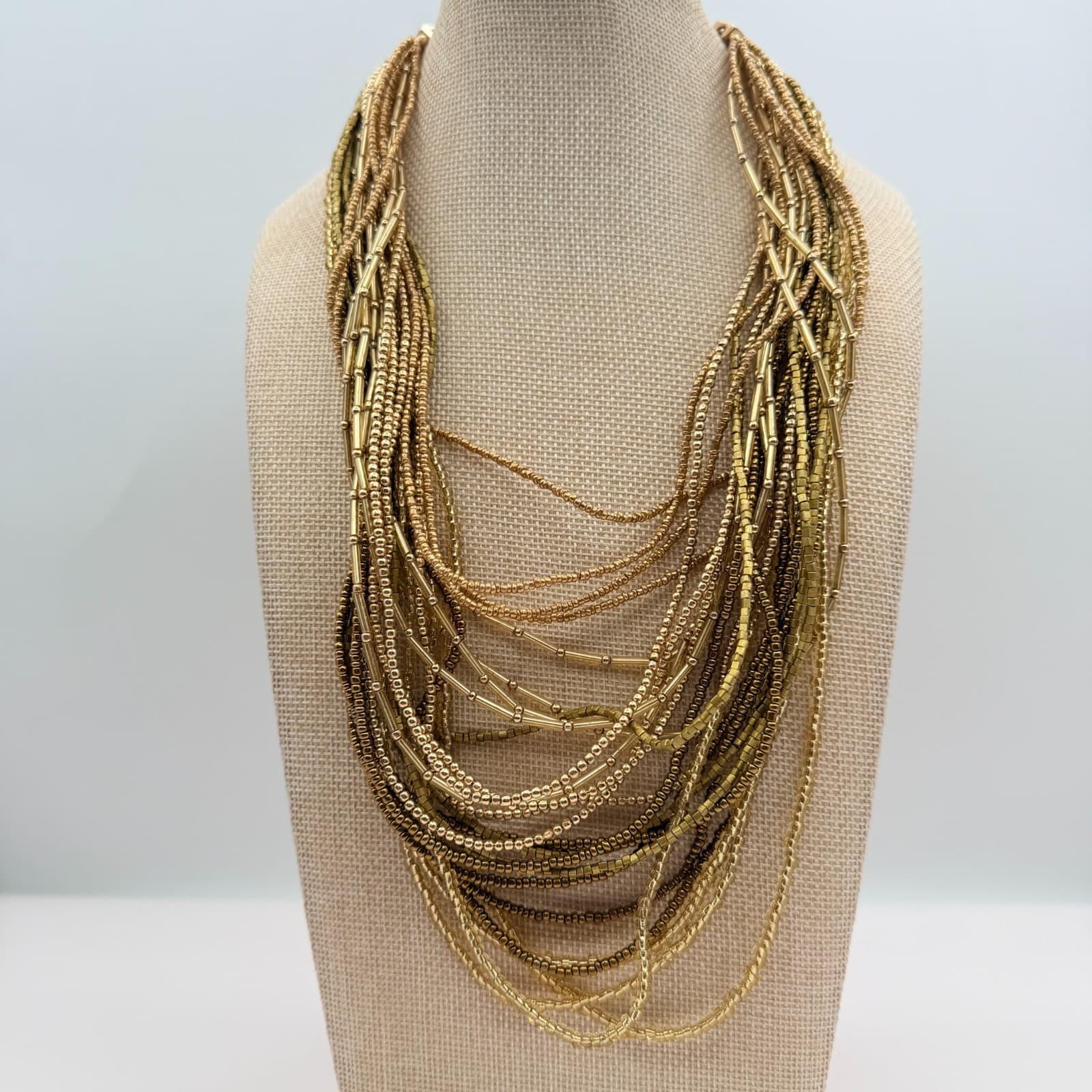 Vintage Y2K Gold Tone Multi Strand Seed Beaded Necklace Women's Classic Jewelry - Thumbnail 5