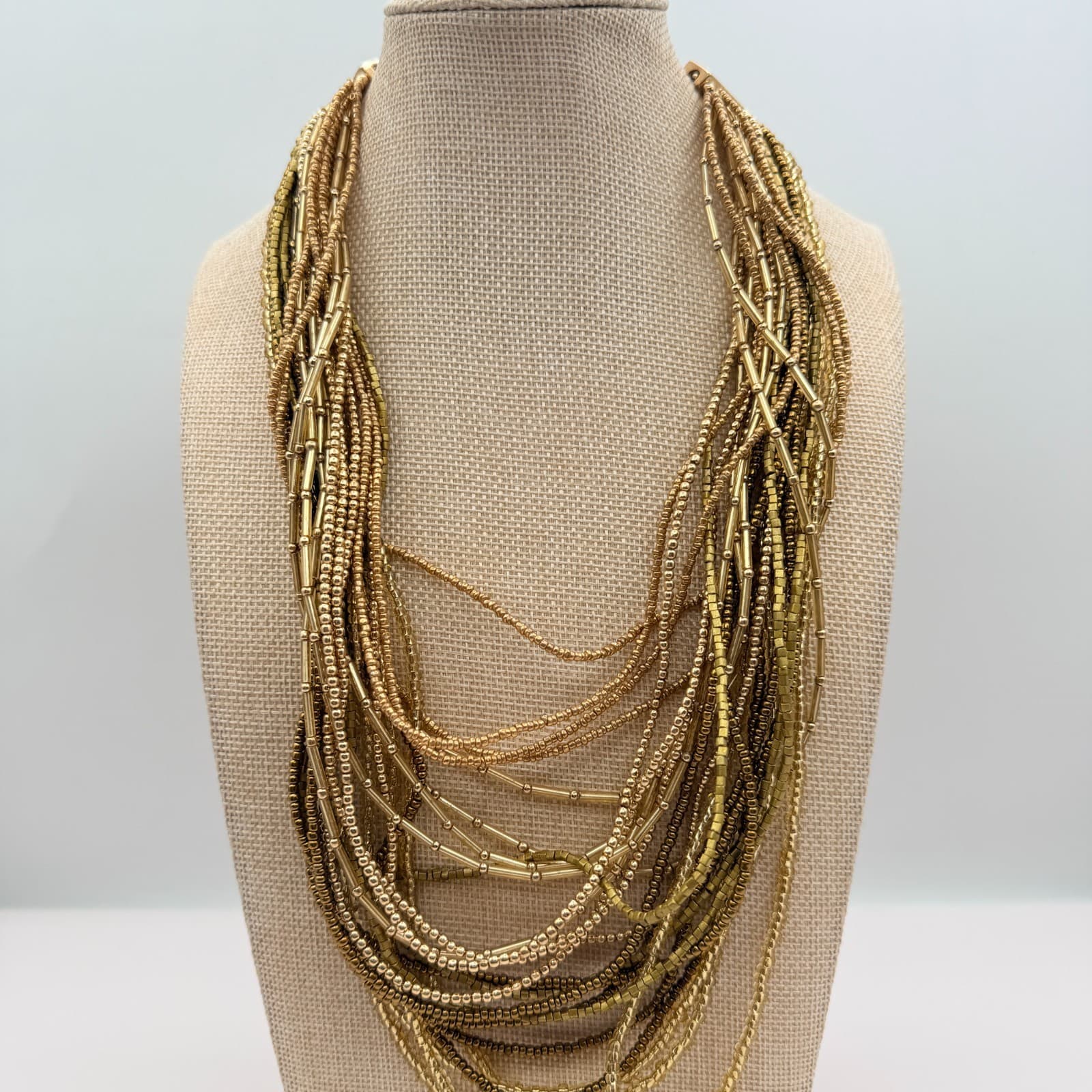 Vintage Y2K Gold Tone Multi Strand Seed Beaded Necklace Women's Classic Jewelry - Image 1