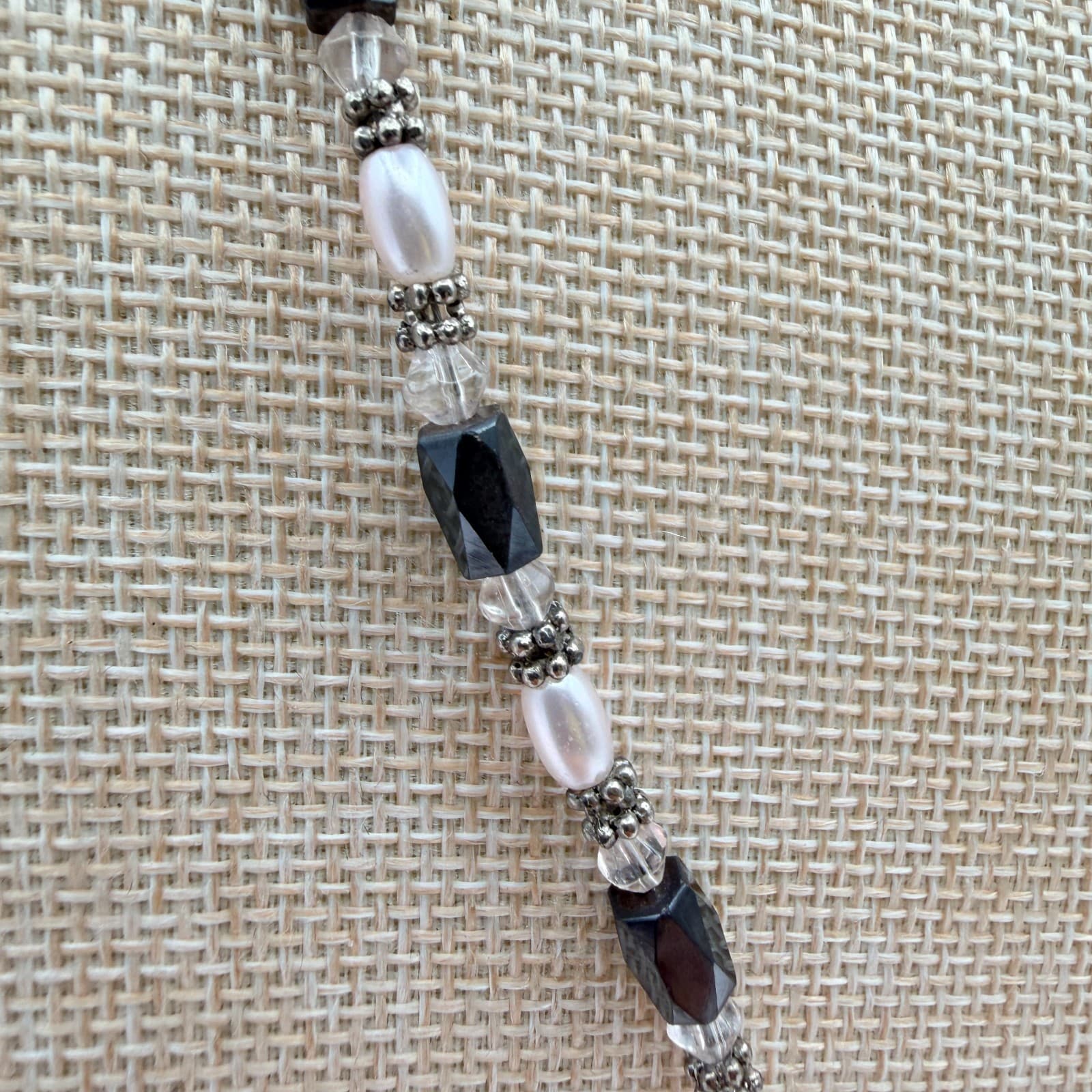 Vintage Y2K Silver Tone Black Faux Pearl Beaded Necklace Set Women's Jewelry - Thumbnail 4