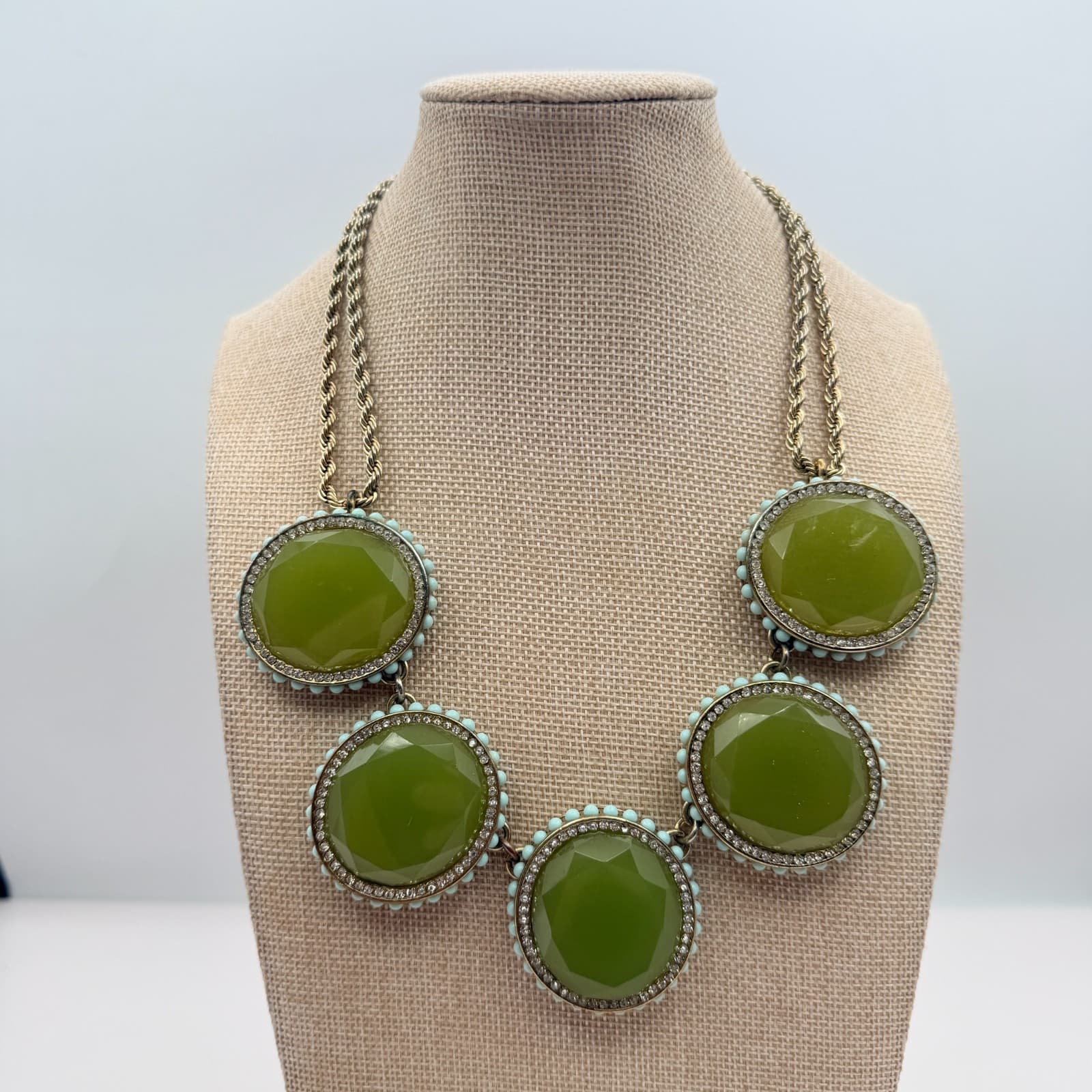 Vintage 90s Banana Republic Green Glass Bib Statement Necklace Gold Tone Boho - Thumbnail 2