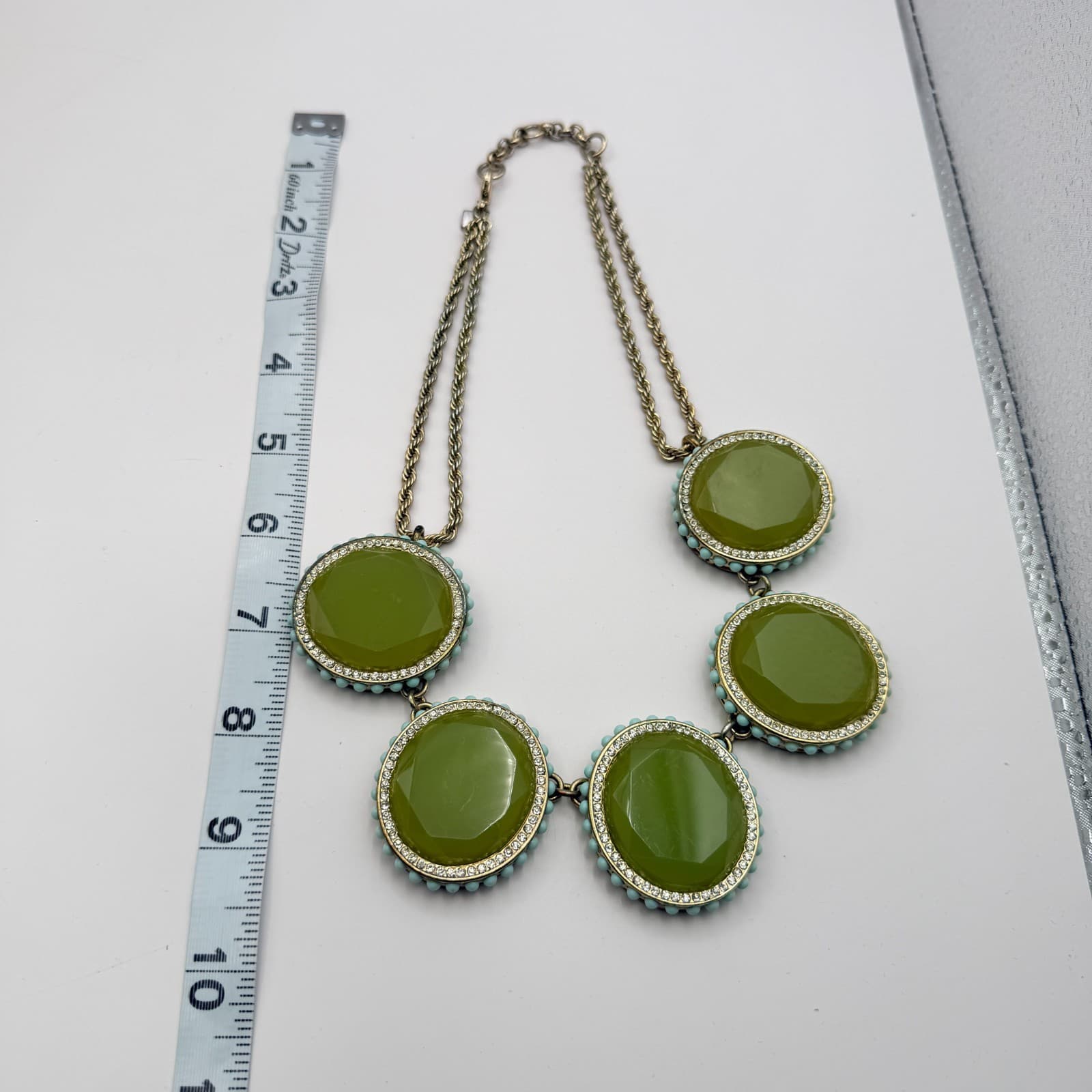 Vintage 90s Banana Republic Green Glass Bib Statement Necklace Gold Tone Boho - Thumbnail 8