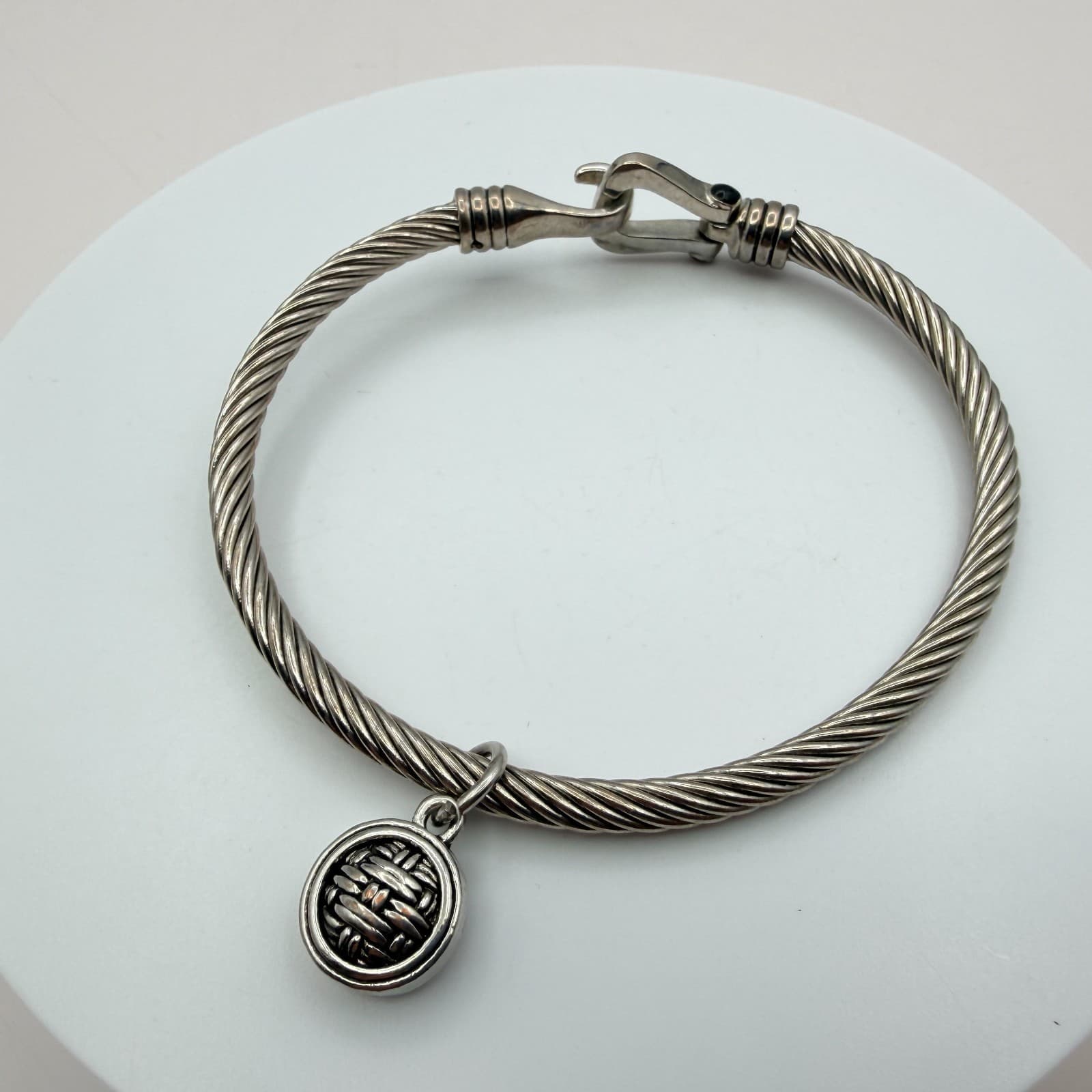 Vintage 80s Silver Tone Cable Twist Bracelet Textured Charm Hook Clasp Jewelry - Image 1