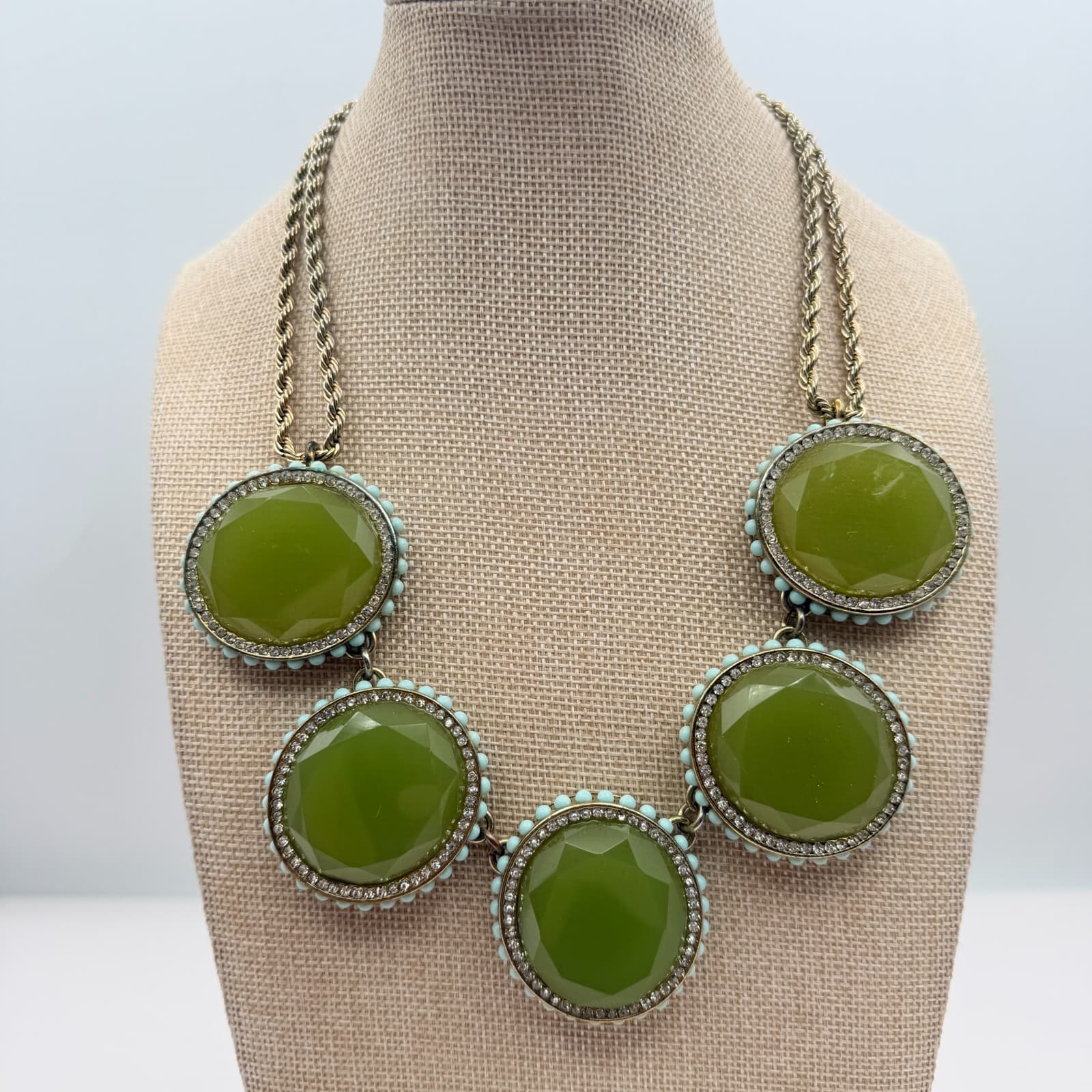 Vintage 90s Banana Republic Green Glass Bib Statement Necklace Gold Tone Boho - Image 1