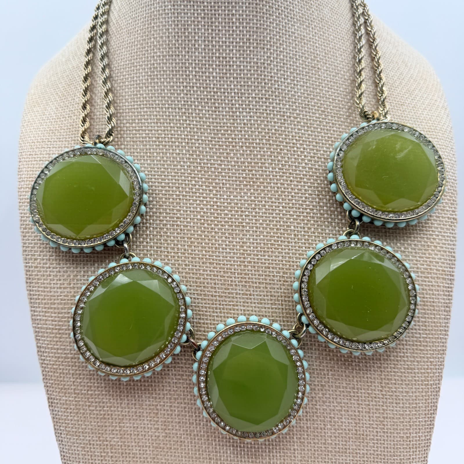 Vintage 90s Banana Republic Green Glass Bib Statement Necklace Gold Tone Boho - Thumbnail 3