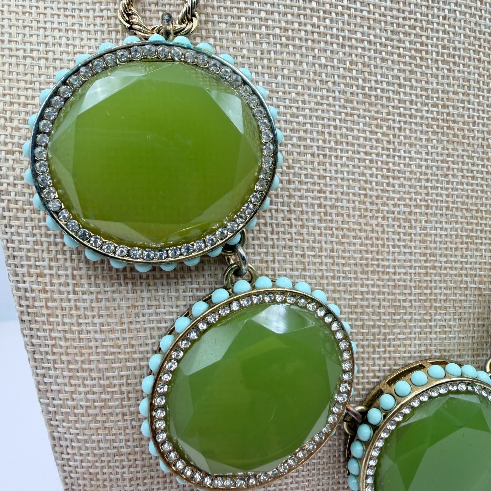 Vintage 90s Banana Republic Green Glass Bib Statement Necklace Gold Tone Boho - Thumbnail 4
