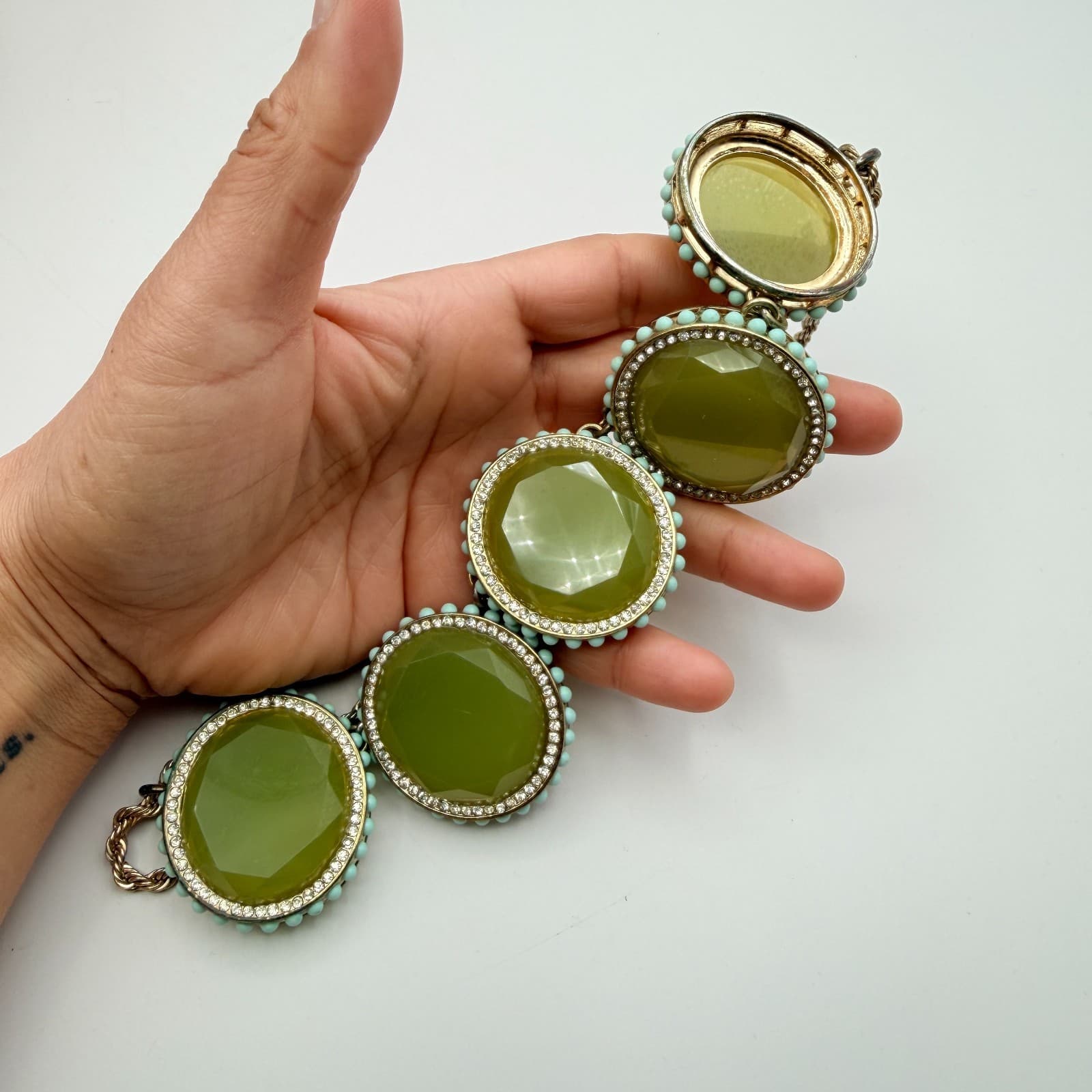 Vintage 90s Banana Republic Green Glass Bib Statement Necklace Gold Tone Boho - Thumbnail 7