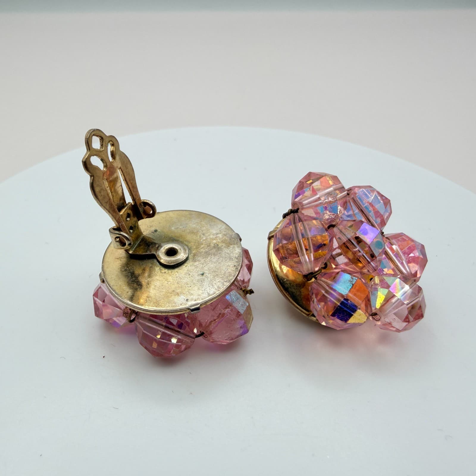 Vintage 90s Pink Glass Cluster Stud Earrings Set Faceted Beaded Women's Jewelry - Thumbnail 7